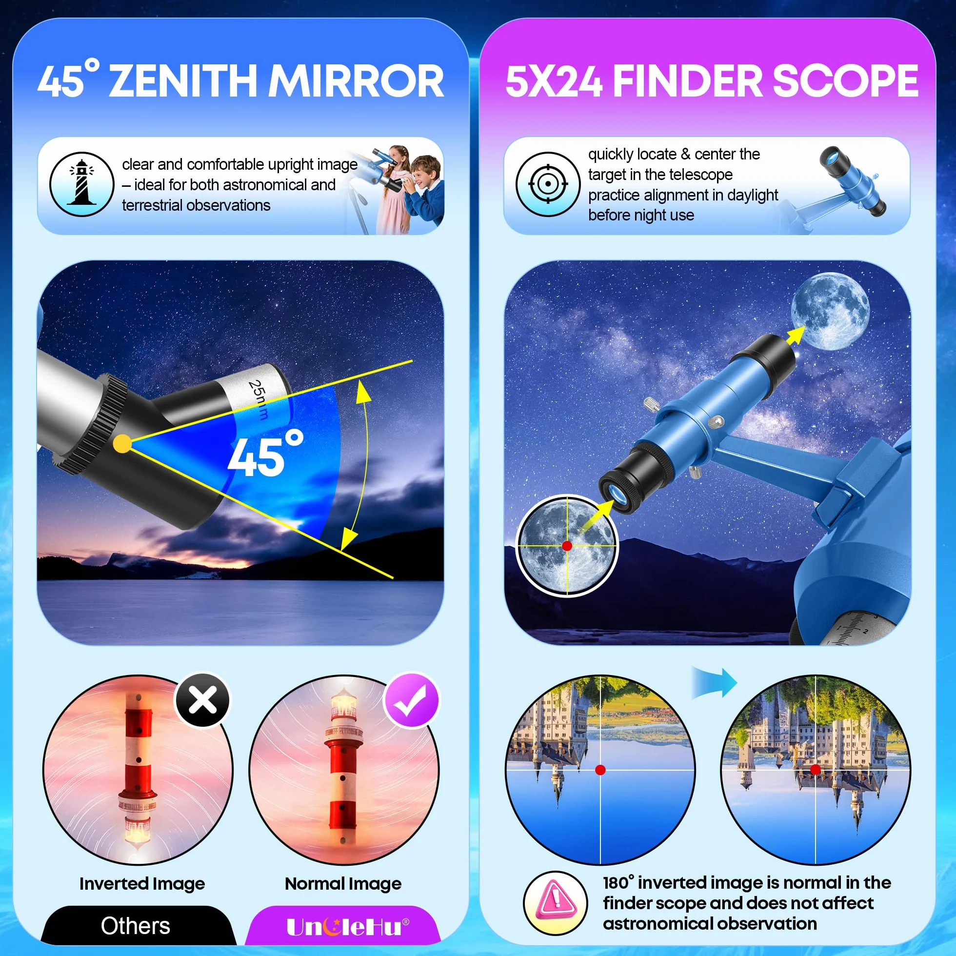 UncleHu Telescopio Astronomico Per Adulti E Bambini Principianti, 22X-165X, Telescopio Riffrattore Astronomico 90/550mm Con Sgabello Pieghevole&Treppiede&Adattatore Per Smartphone E Borsa Da Trasporto