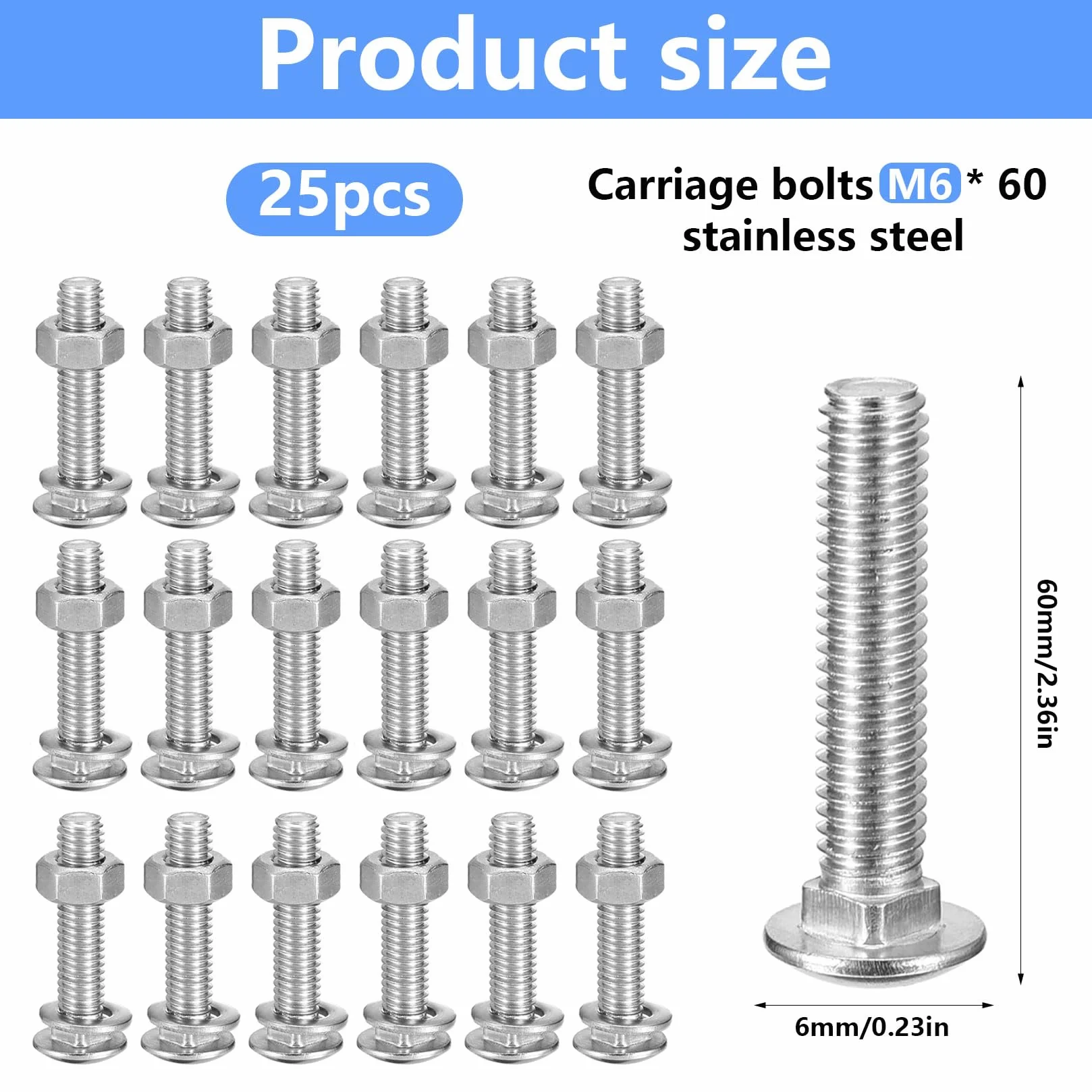 Bulloni Carrello Viti a Testa Tonda M6 x 60mm Acciaio Inox V2A A2 con Dadi e Rondelle Set 25 Pezzi