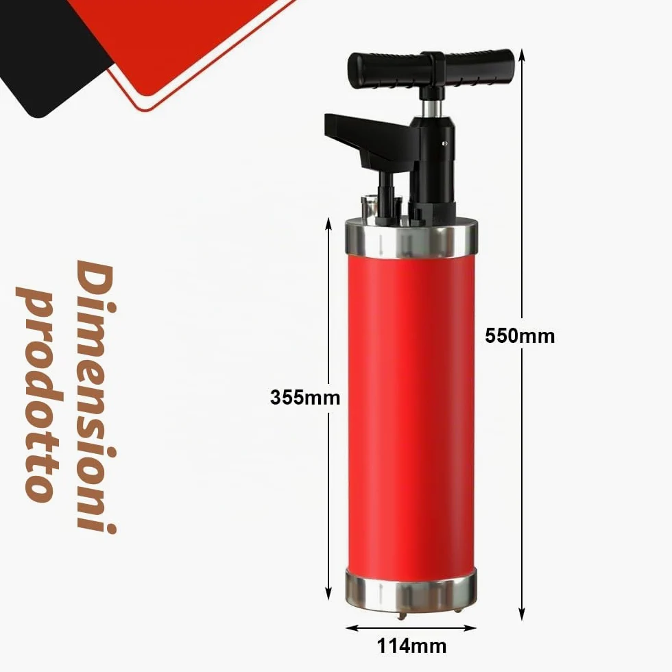 Pompa Stura Scarichi a Pressione con 4 Ventose, Pompa Stura Scarichi a Pressione Stantuffo con Manometro, Aturalavandino ad Aria Compressa, per Vasca da Bagno Cucina Bagno, Rosso