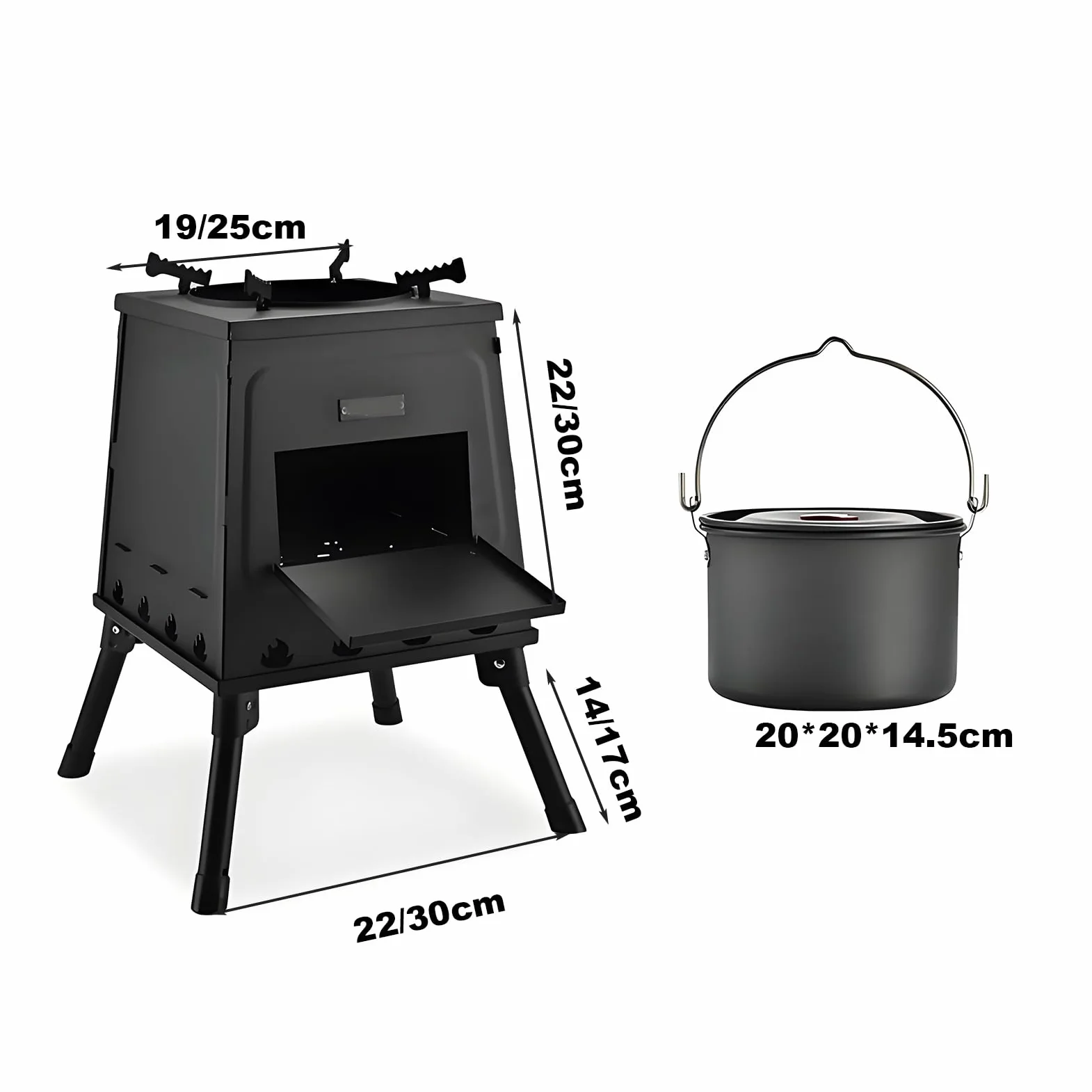 Stufa a Legna Portatile In Ghisa per Campeggio Stufas In Acciaio al Carbonio a Riscaldamento Rapido con Gambe Pieghevoli e Accessori(22 * 19 * 36cm)