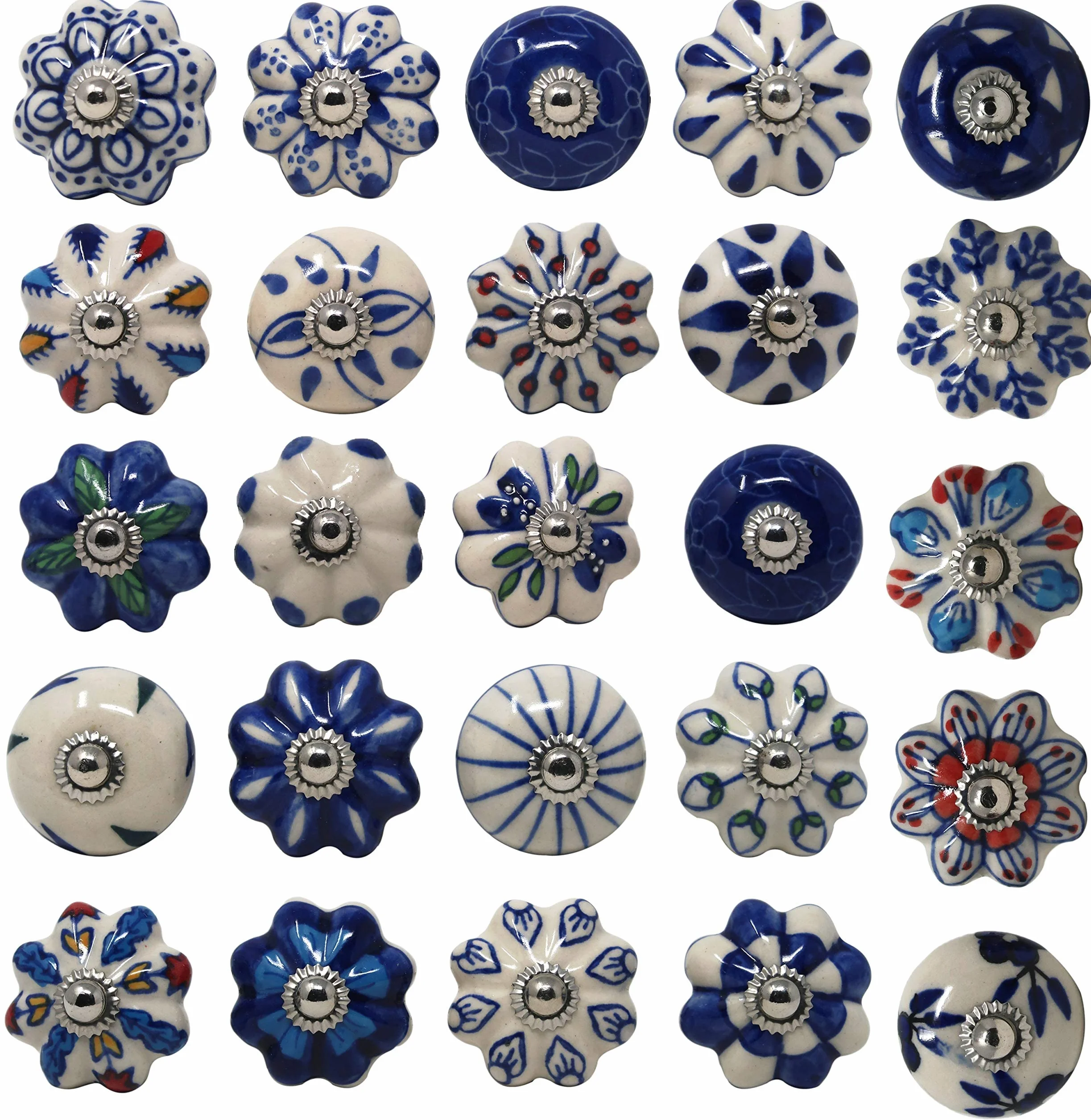 Set di 25 Pomelli in Ceramica Blu Colorati per Mobili da Cucina Armadietti da Bagno Cassettiere Decorativi Fatti a Mano