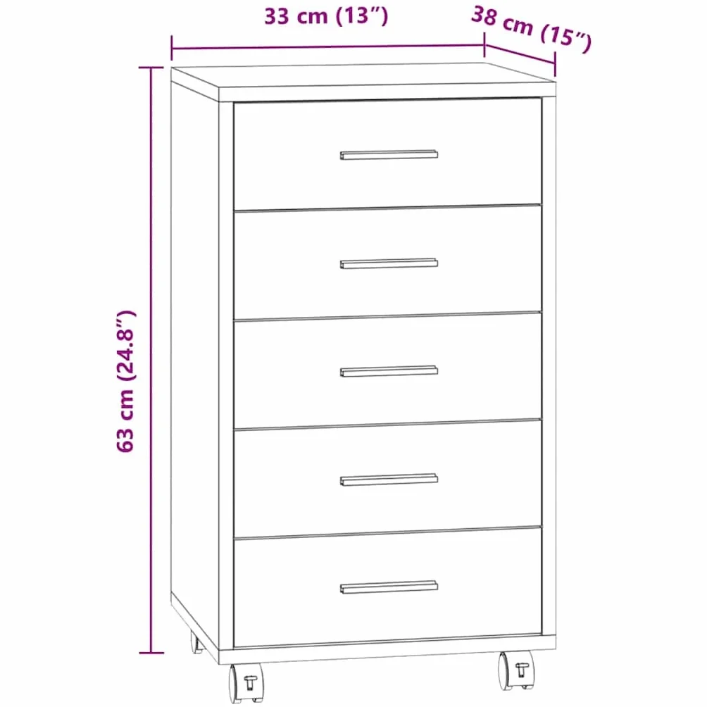 Cassettiera a rotelle nera, 33 x 38 x 63 cm, in legno, alluminio, 5 cassetti, flessibile, ufficio, studio, balcone, cameretta dei bambini