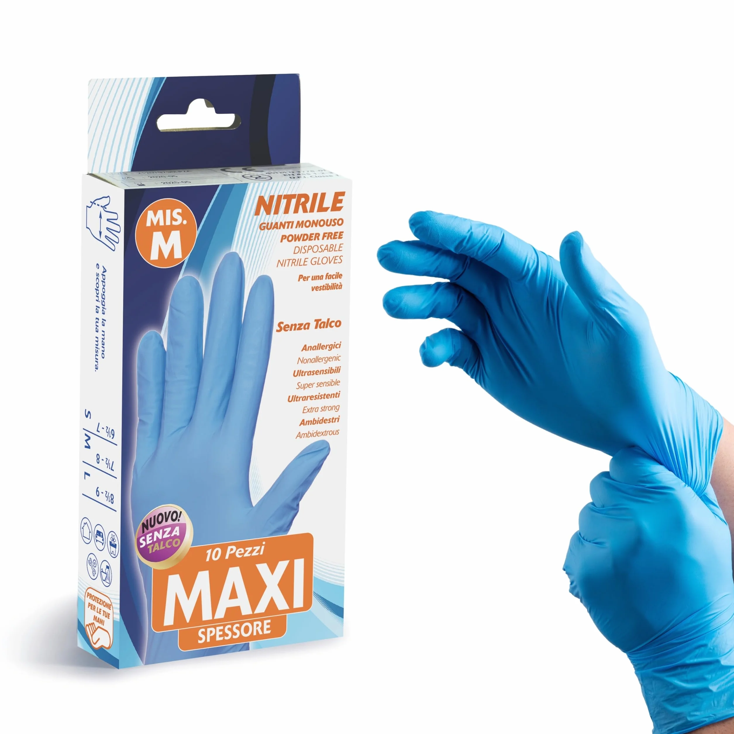 Bottari Guanti in Nitrile Monouso Senza Talco Maxi Spessore, Confezione da 10 Pezzi, Taglia M
