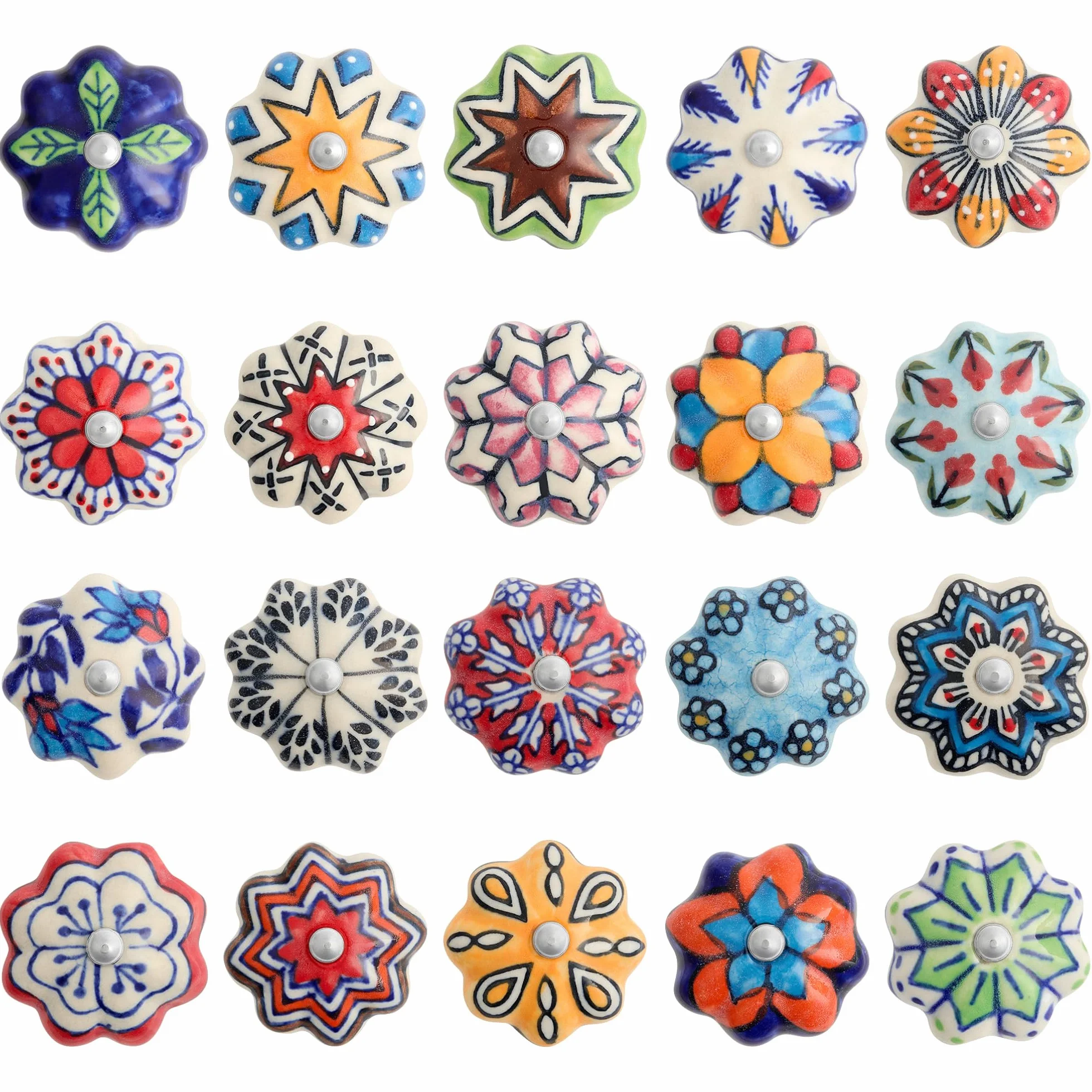 Pomelli vintage in ceramica dipinti a mano per mobili, cassetti, armadio - Multicolore, Zestaw 20 sztuk