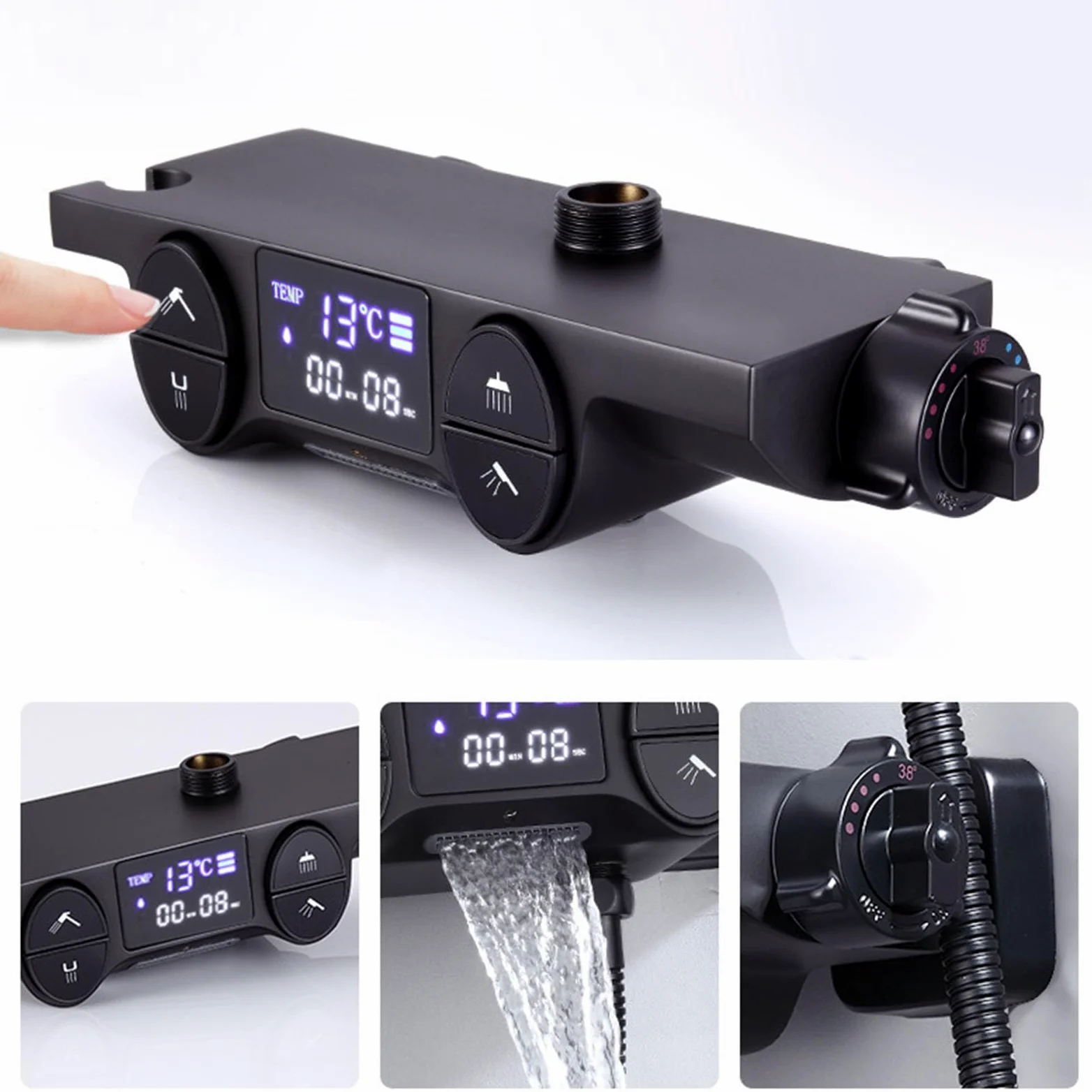 Sistema Doccia Nero con Display Digitale, Set Rubinetto termostatico per Bagno a 4 Vie con beccuccio per Vasca, soffione a Pioggia da 10", doccetta e doccetta per Bidet