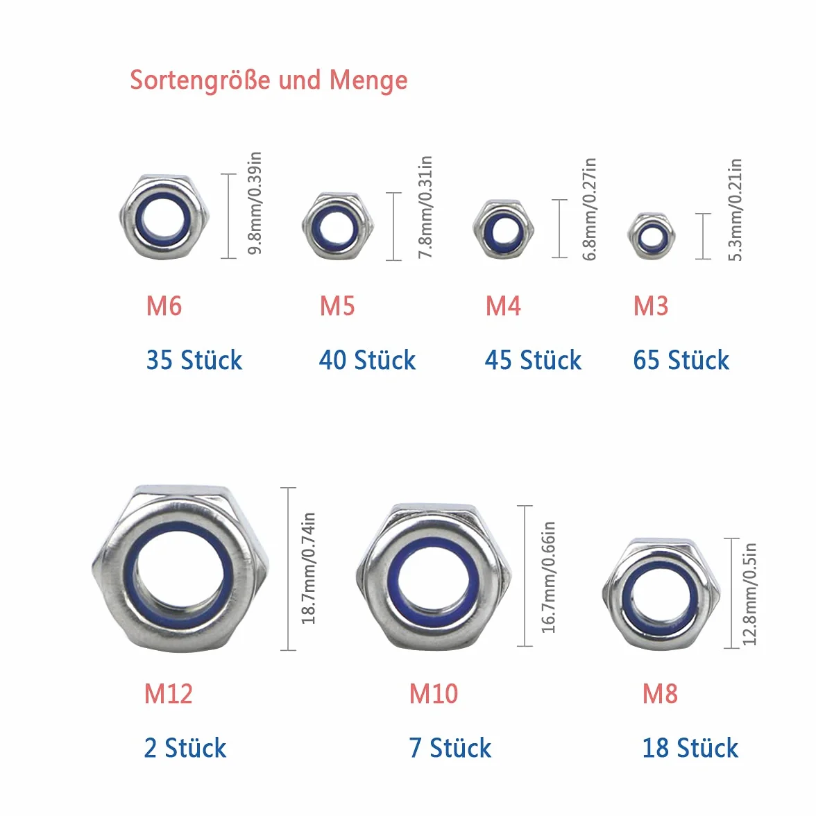 Set di 212 dadi di bloccaggio esagonali in acciaio inox 304 con inserto in nylon, assortimento M3-M12