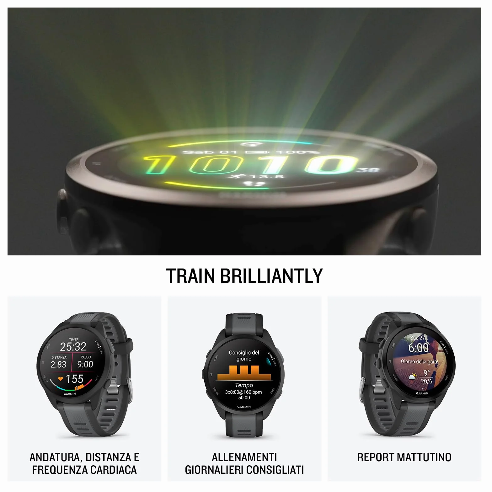 Garmin Forerunner 165, Smartwatch per la corsa, 43mm, GPS, Cardio, VO2max, Report mattutino, HRV Status, Piani gratuiti 5K, 10K e 21K, Training Readiness, GarminPay, Black & Slate Gray