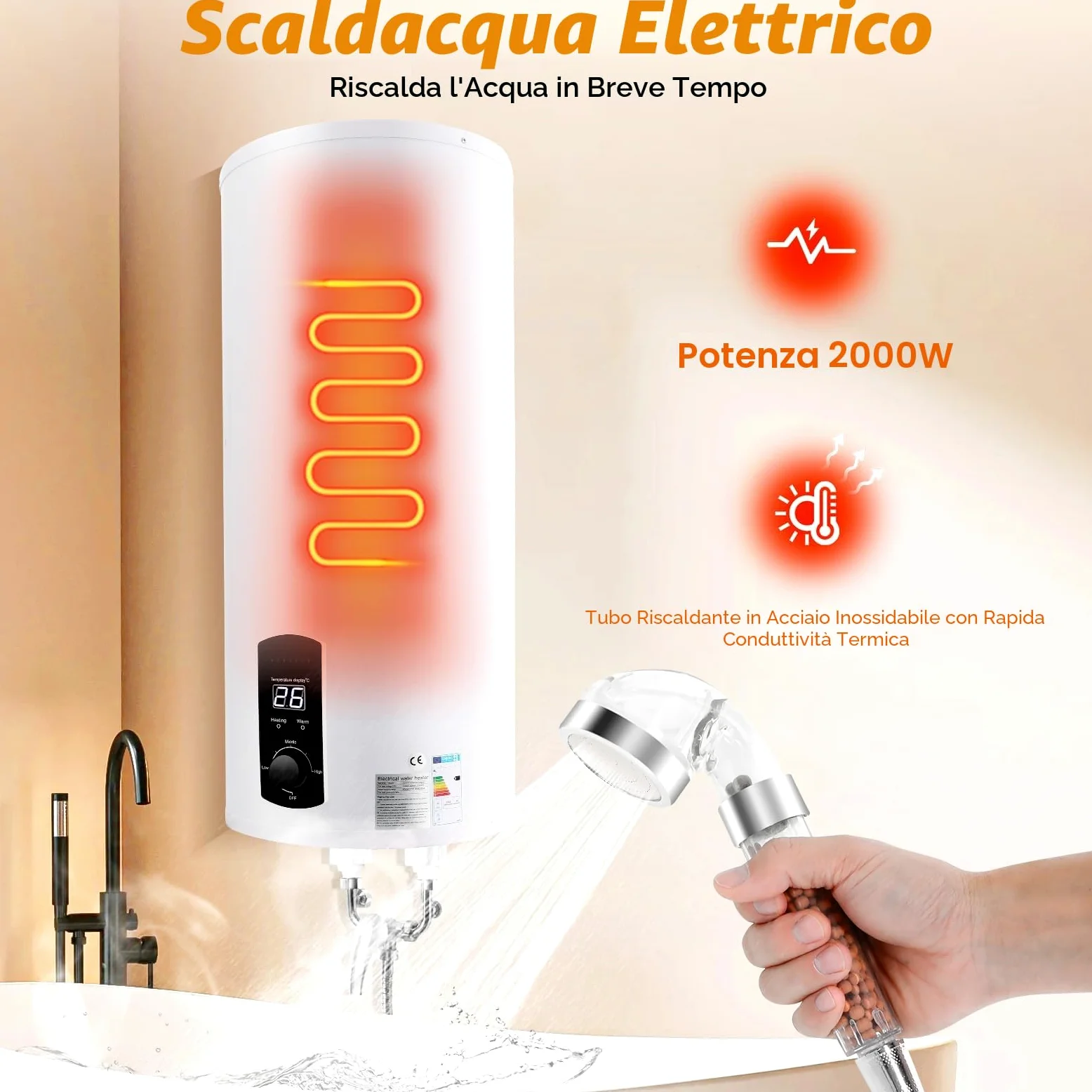 35L Scaldacqua Elettrico, Riscaldatore Istantaneo per Doccia, 2000W Boiler con Doccia & Rubinetto, Scaldacqua per Bagno & Cucina, Protezione IPX4, Bianco