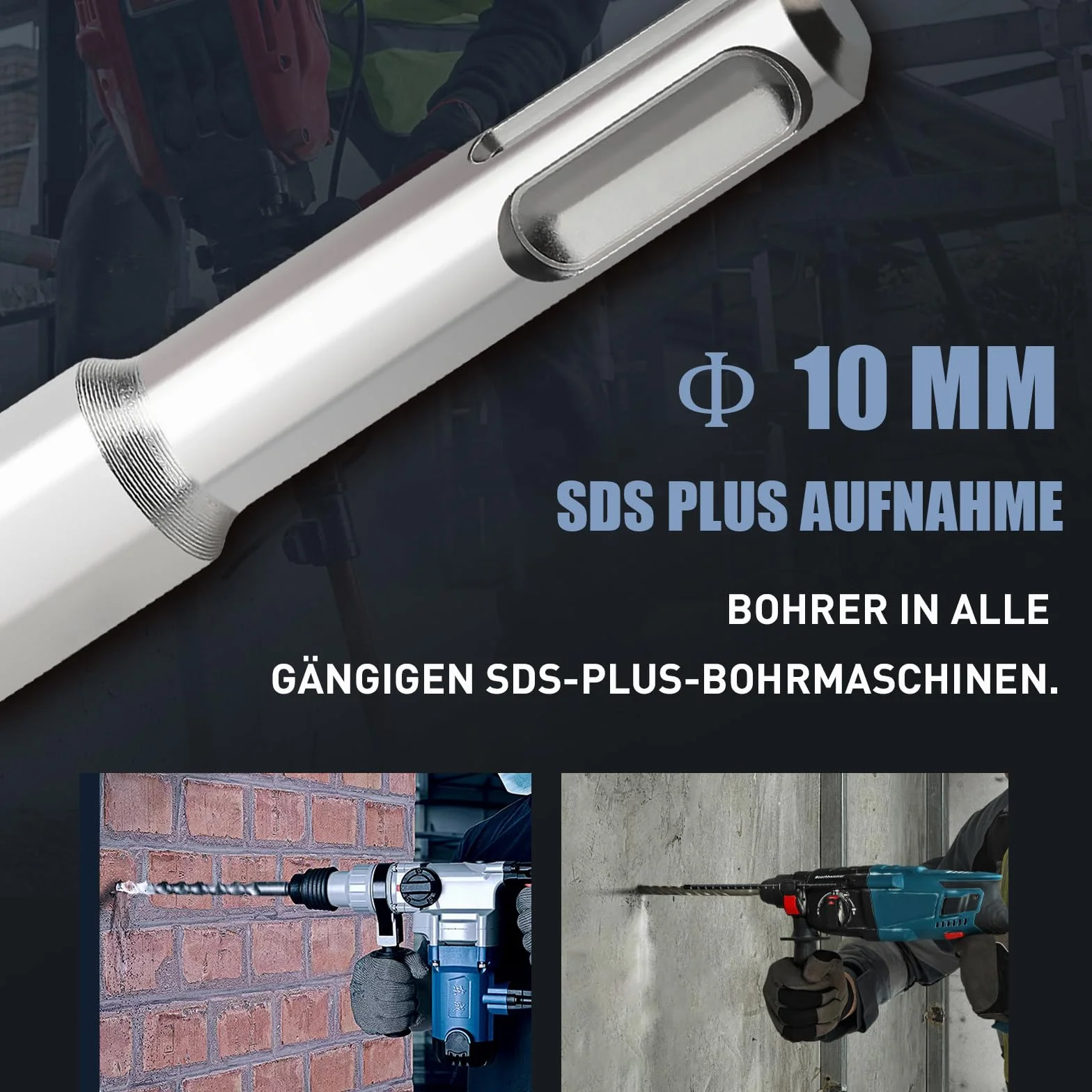 Punta per trapano SDS Plus 10 x 310 mm, 4 punte in metallo duro, doppia vite