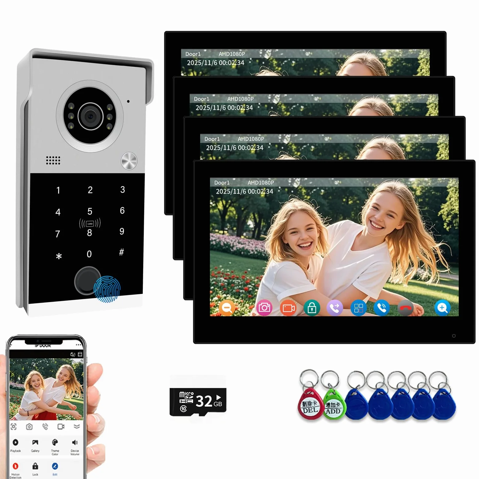 Videocitofono cablato per appartamento, monitor touch da 7 pollici con campanello 1080P, sblocco password scheda RFID con impronte digitali, monitoraggio per casa villa