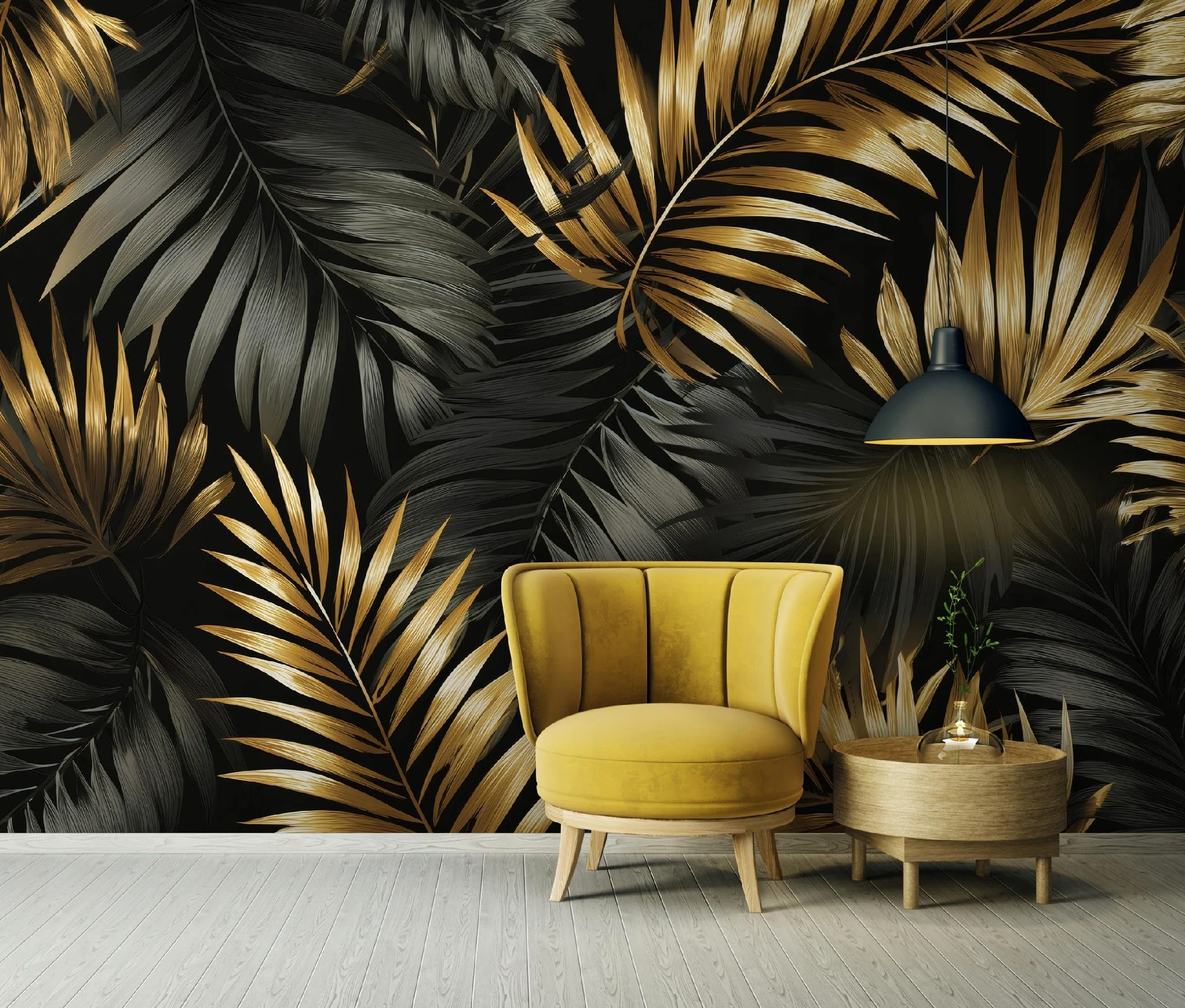 WallArena - Carta da parati fotografica - foglie 300x210 cm - Murale fotografico - Per soggiorno e camera da letto - Effetto 3D - con Colla - natura tropicale oro nero