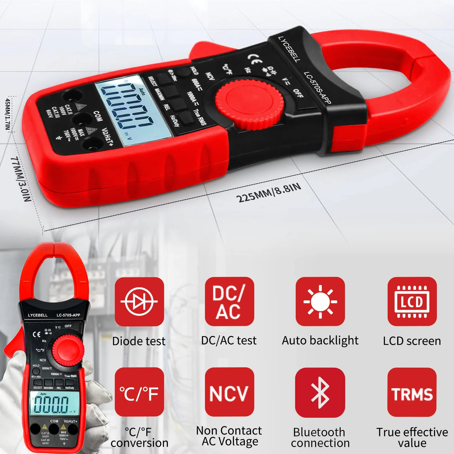 Pinza Amperometrica, LC-570S-APP Bluetooth Multimetro a Pinza TRMS per AC/DC Corrente Tensione Resistenza Cap Frequenza Diodo Continuità Temperatura NCV con Retroilluminazione