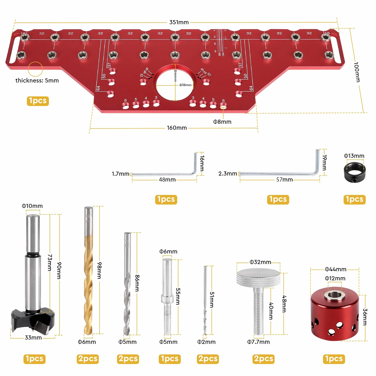 Guida di perforazione allineata 2-in-1 per spinotti e cerniere 35 mm in alluminio con punte 5mm e 1/4 pollice