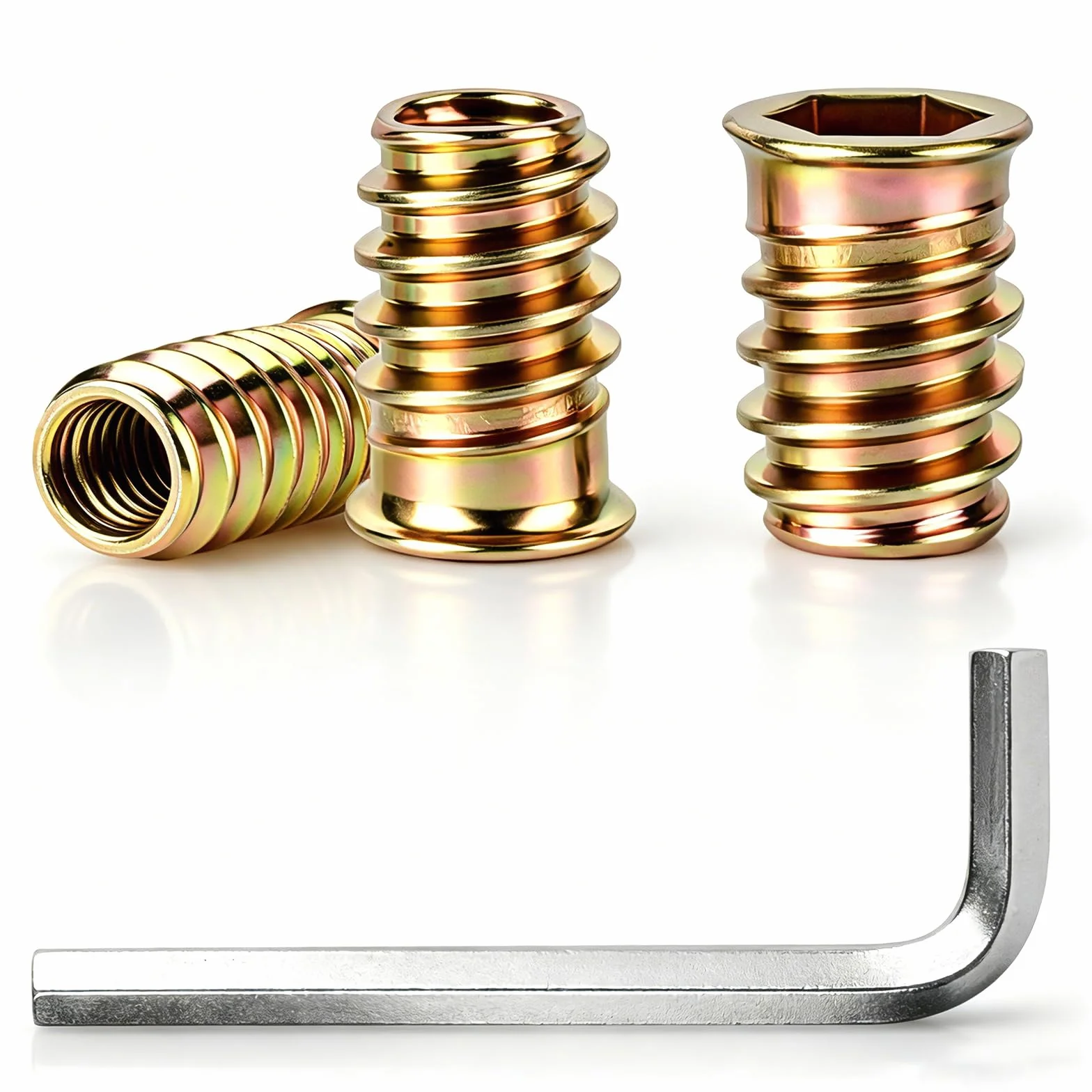 50 Pz Inserti Filettati per Legno, M6 x 16 mm Boccole Filettate per Legno, Inserto Filettato con Testa Esagonale Piatta in Lega di Zinco per Mobili in Legnos, falegnameria progetti, con chiave
