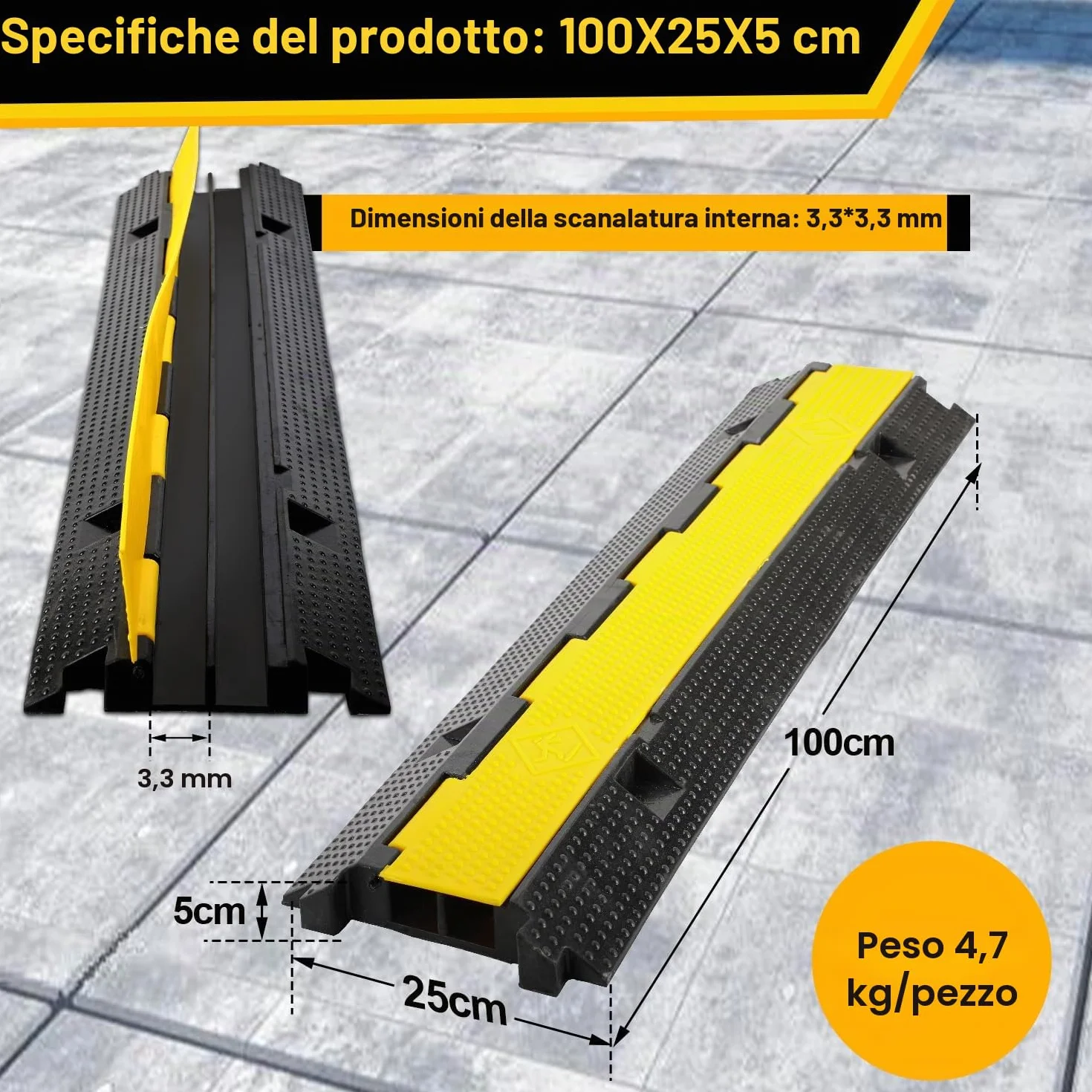Ponte cavi 3 pezzi 2 canali 101x25x5 cm gomma nero modulare protezione per parcheggi