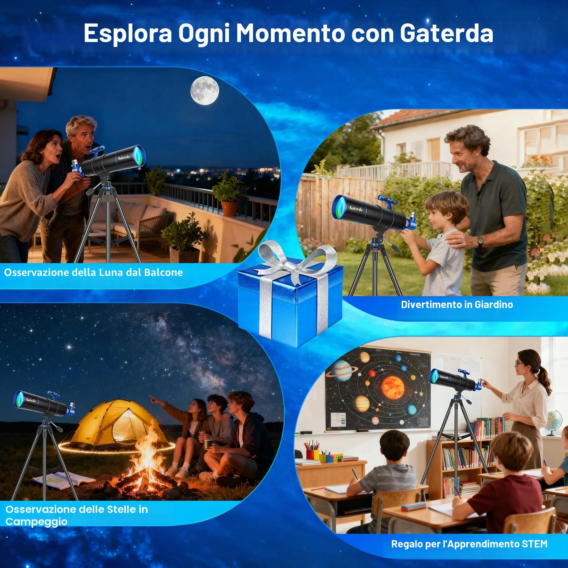 Telescopio Astronomico Professionale per Adulti Principianti, 90/550mm Telescopi Riffrattore(22X–165X) con Treppiede Regolabile Adesivi con Elementi Cosmici & Borsa da Trasporto