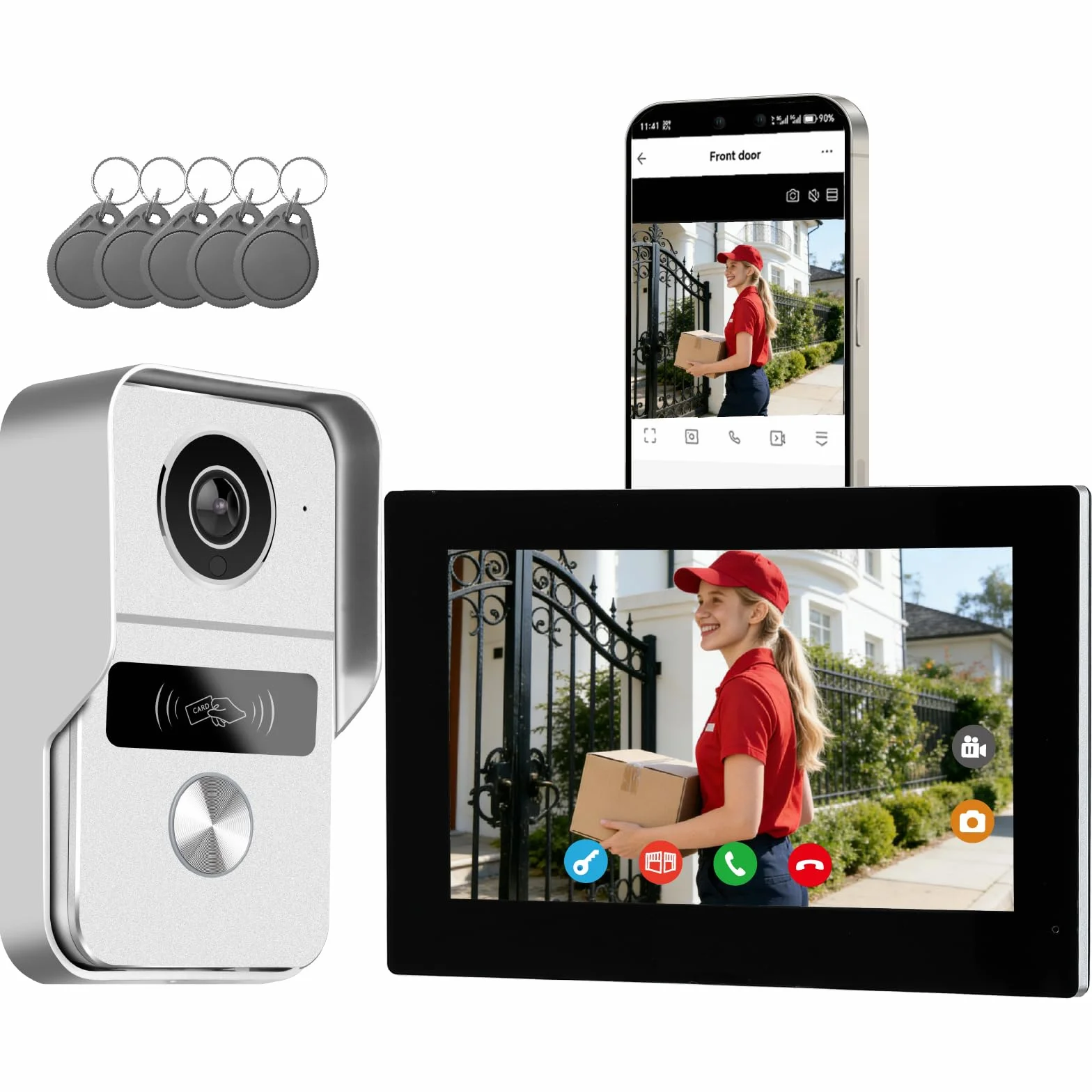 Sistema di videocitofono a 2 fili KW02, 1080p e Audio Bidirezionale, sblocco remoto porta/cancello, controllo accessi APP/RFID, touch screen da 7 pollici, Rilevamento Presenza, Argento