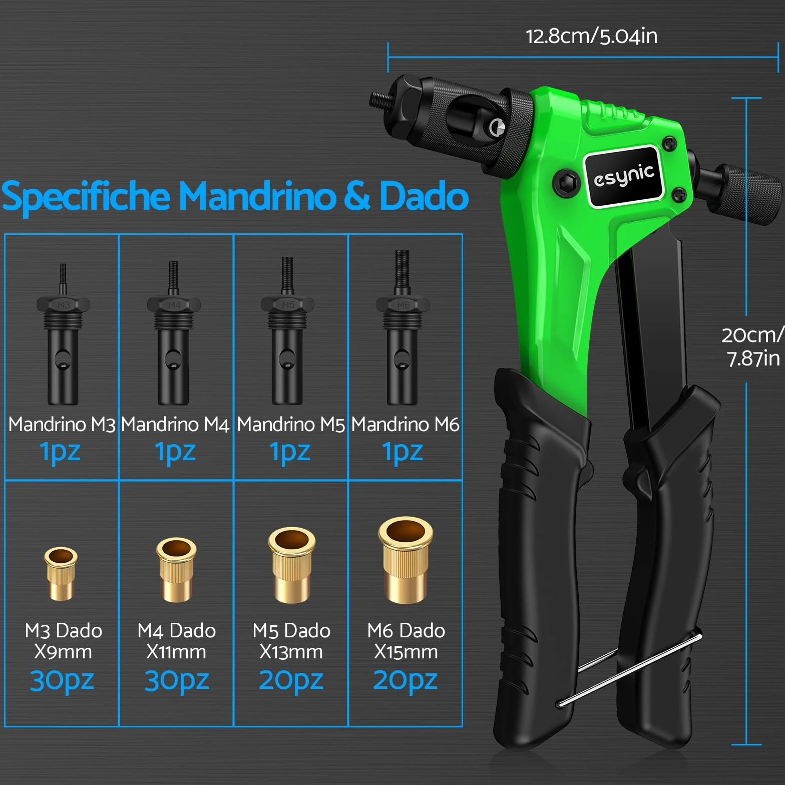ESYNiC Kit Rivettatrice Professionale 8" 100pz Rivetti Dadi M3 M4 M5 M6 Pinza Pistola Manuale