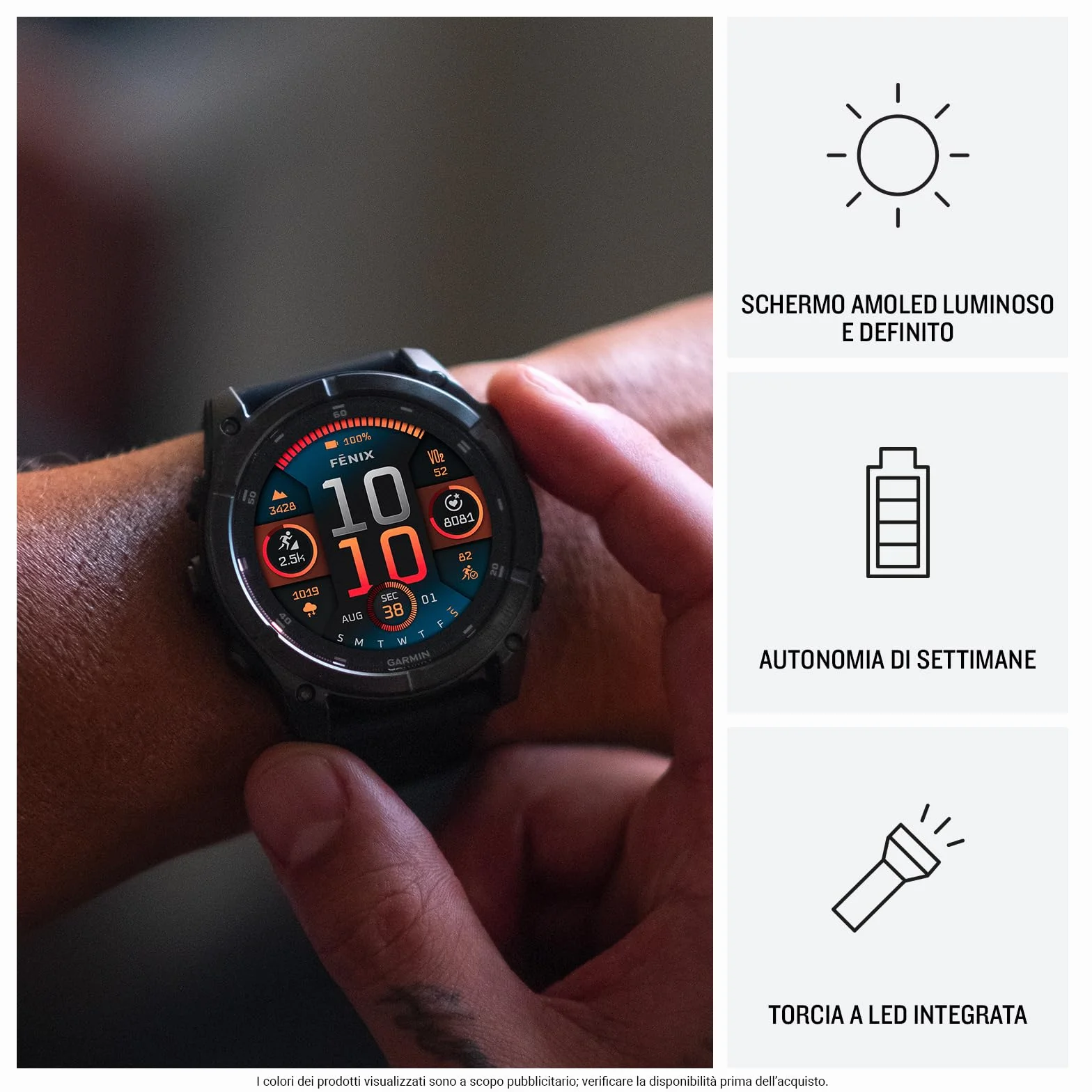 Garmin fēnix 8, 47mm, Display AMOLED 1,4", Touchscreen, Speaker e Microfono, Comandi Vocali, GPS Multi-band, Torcia, Mappe, 90+ App per lo Sport, Autonomia 16 giorni Slate Gray & Black