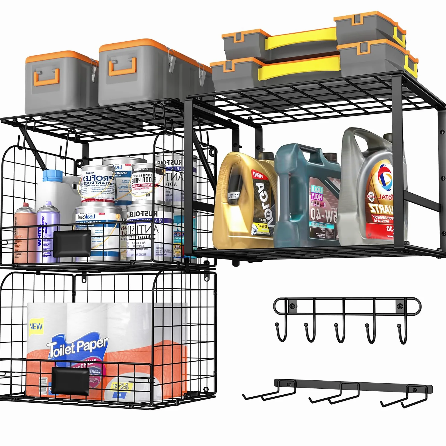 ThreeHio Mensola da garage a parete con cesti metallici, resistente mensola da parete per garage con scaffale per attrezzi da giardino e ganci, organizer per attrezzi per casa, giardino, cortile e