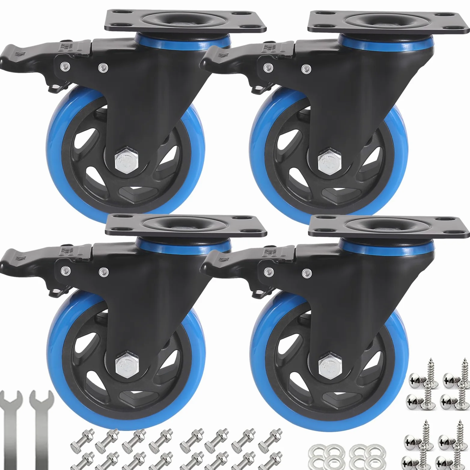 100MM Mobili Ruote per carichi Pesanti Ruote per carrelli con Freni, Bino Cuscinetto PU Ruote per Carrello Gomma Ruote girevoli, 4 Industriale Ruote con Piastra capacità 600KG