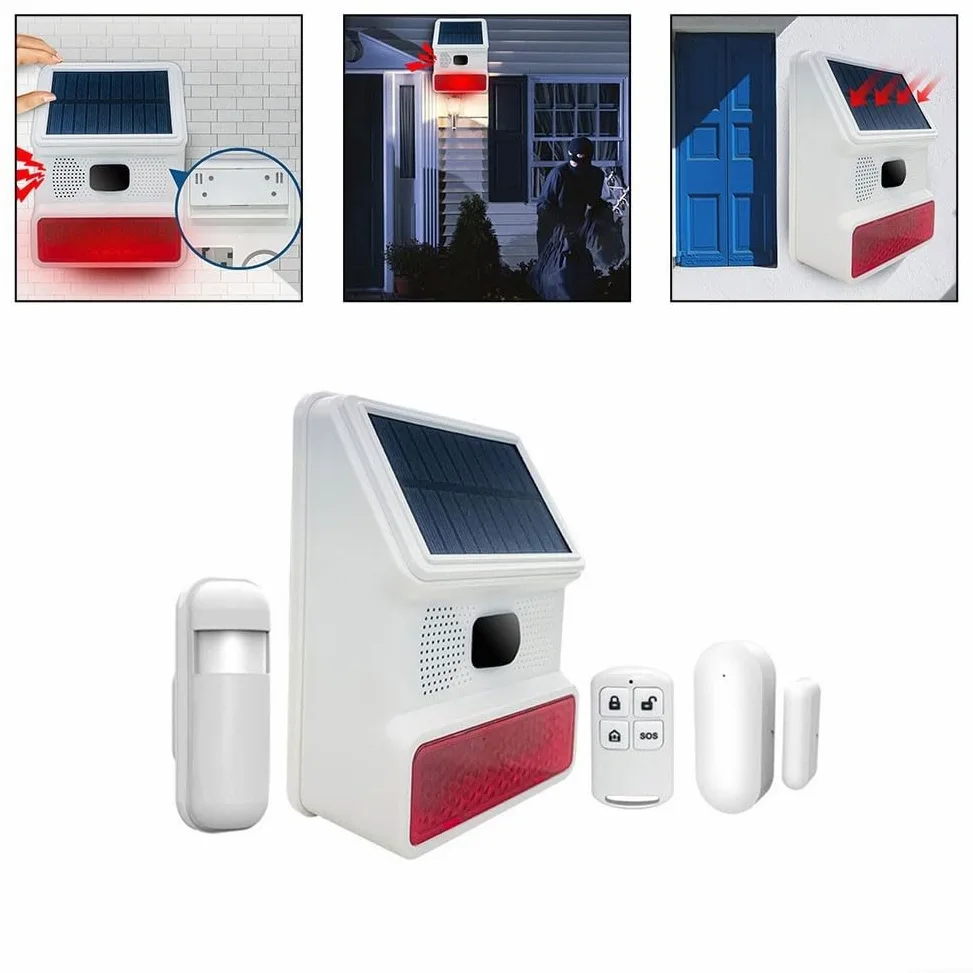 Sirena solare per esterni, 433 MHz, allarme senza fili, con luce lampeggiante, per la sicurezza domestica, giardino, capannone, garage, resistente alle intemperie, ABS bianco (C)