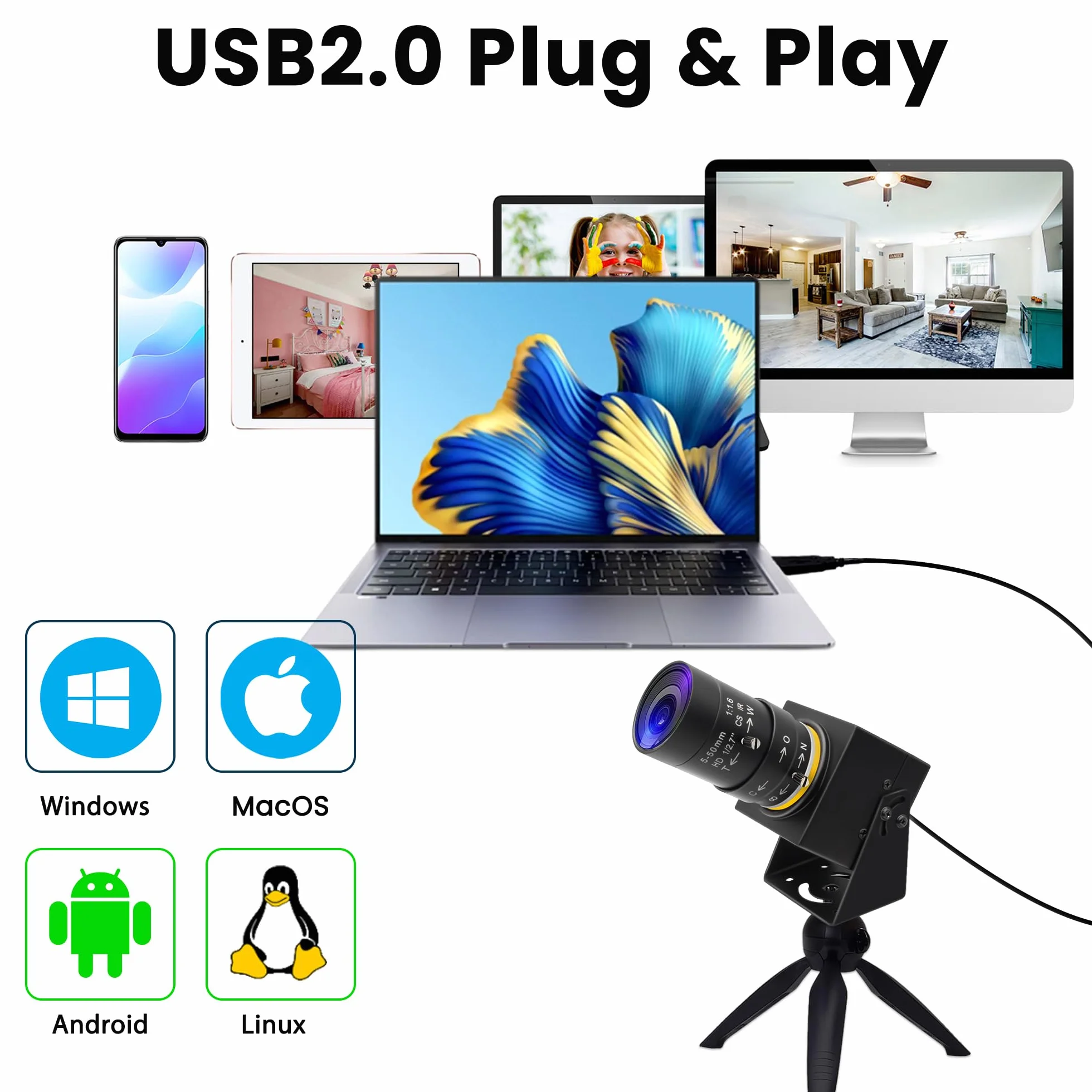 Svpro 2 MP Global Shutter USB Camera 90 FPS Telecamera ad alta velocità con zoom da 5 a 50 mm, messa a fuoco manuale Webcam per Glof Swing, 10 X zoom ottico telecamera industriale USB Plug and Play