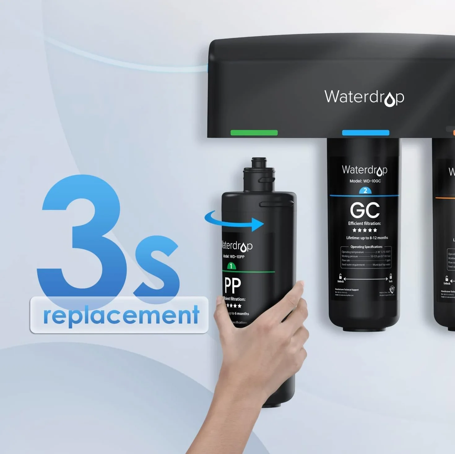 Waterdrop WD-10PP Filtro Acqua Sottolavello, Ricambio per Waterdrop TSA & TSB 3 Stadi Depuratore Acqua Domestico per Sotto Bancone