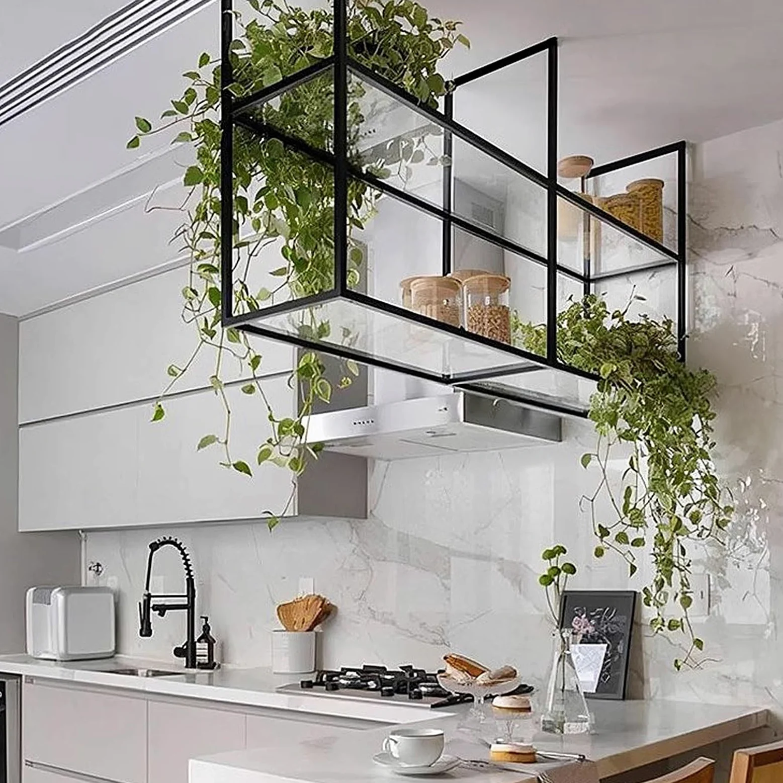 Mensole sospese da parete in ferro, 60 x 3 cm, per interni, per cucina, bar e casa, supporto per piante in vetro acrilico e decorazione da parete moderna soluzione di archiviazione