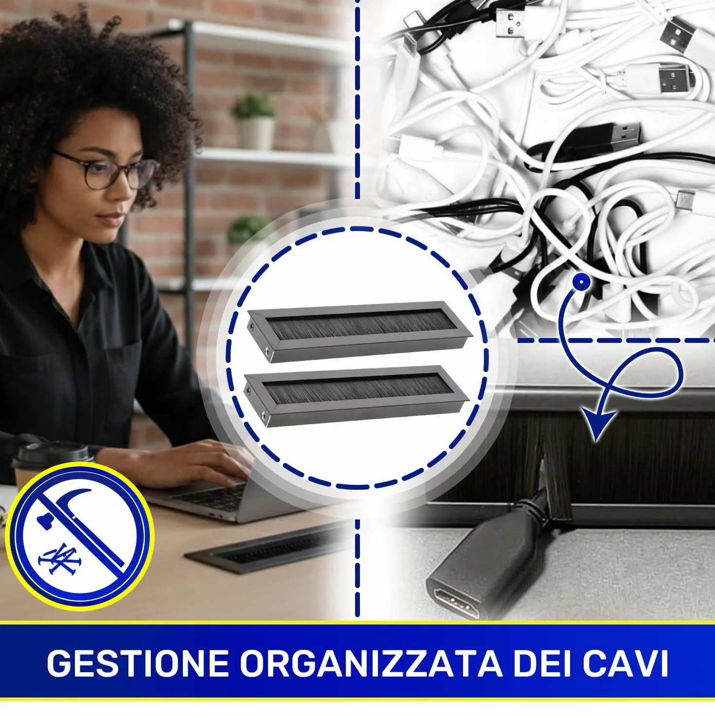 MONTERAL 2 Pezzi Passacavo per Scrivania 180 x 51 mm H19 mm Colore Nero - Tappi Passacavi Scrivania con Spazzola - Garanzia di 10 Anni