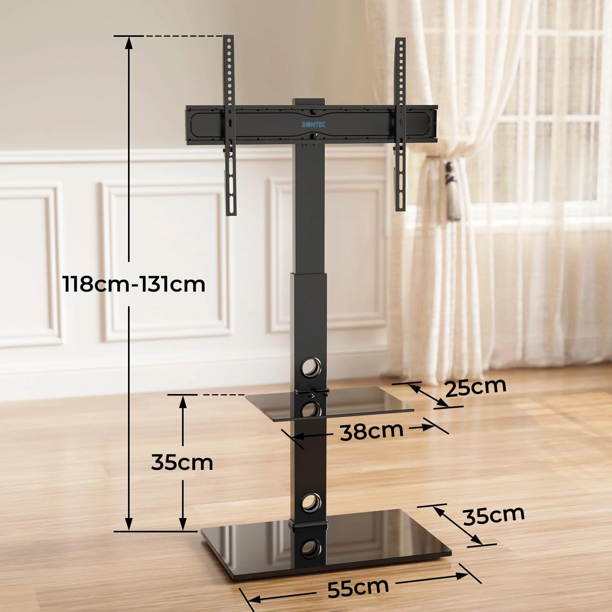 BONTEC Universale Supporto TV da pavimento per TV da 30-70 pollici LED OLED LCD, Porta TV da Terra Regolabile in Altezza con Ripiani in Vetro Temperato a 2 Livelli Max VESA 600x400mm, Fino a 40KG