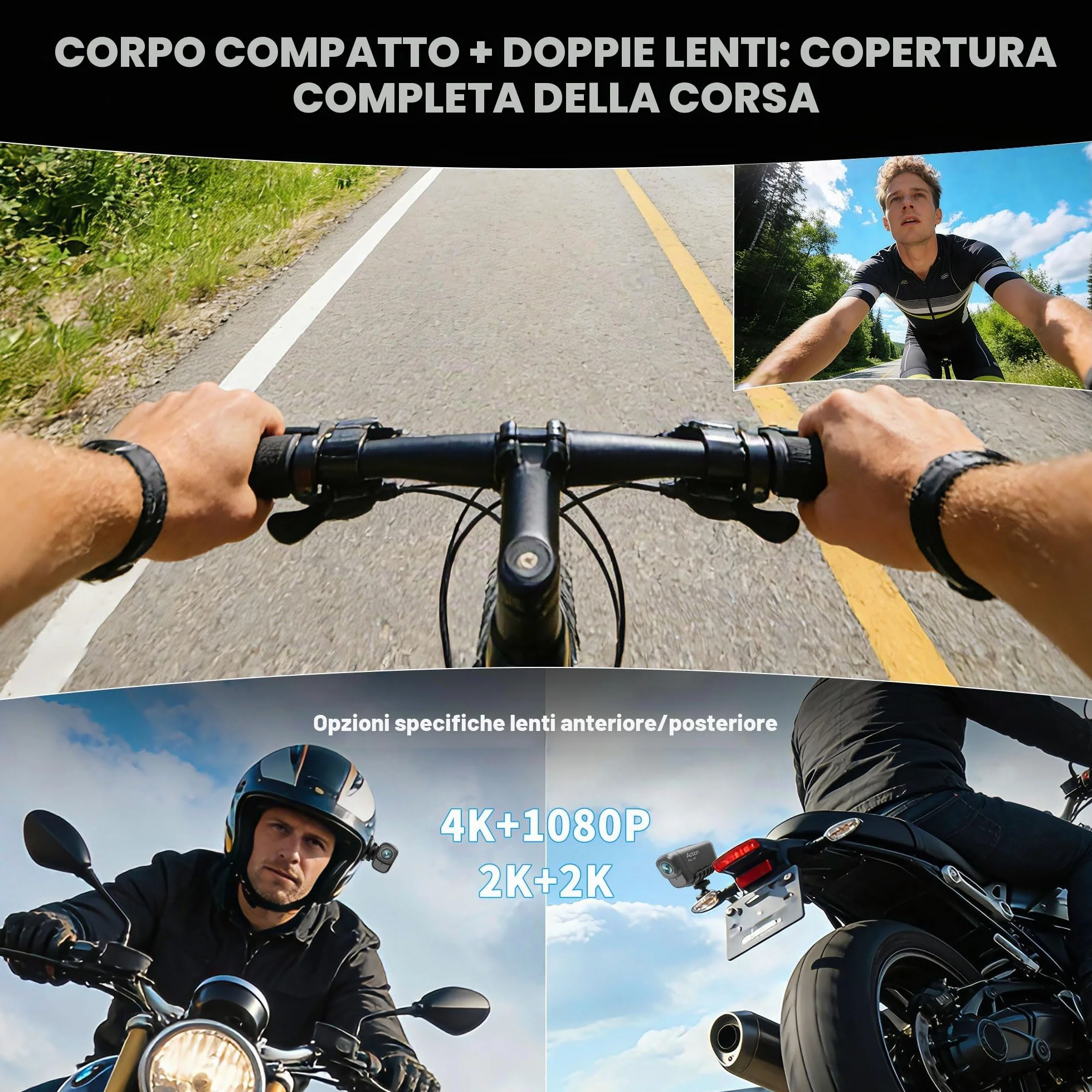 Dashcam Moto 4K+1080P, Doppia Telecamera, Impermeabile IP65, F2,2 Visione Notturna, Action Cam Moto con WiFi GPS, Mini Telecamera con HDR & APP Per Bicicletta