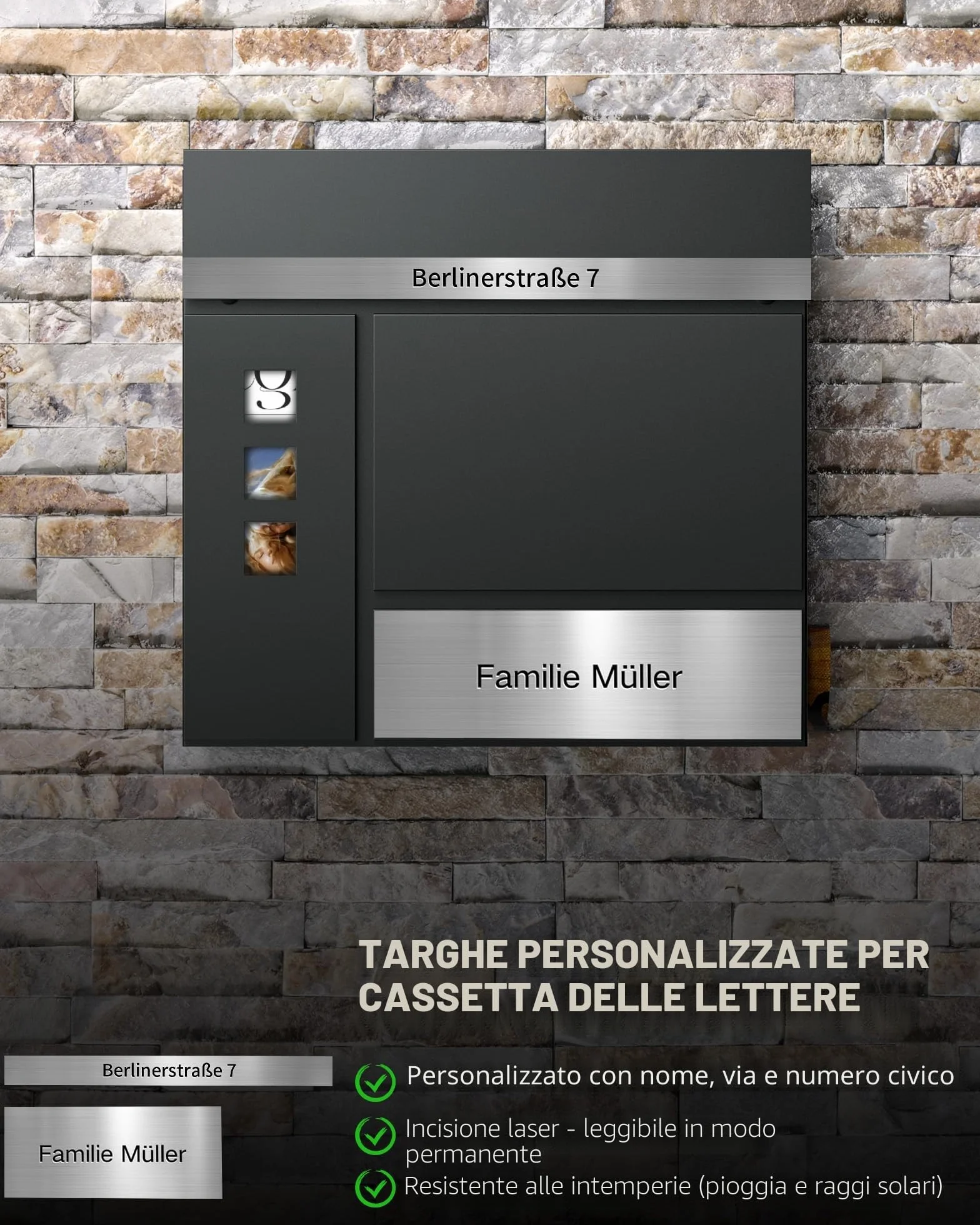 Cassetta delle lettere antracite personalizzabile 2 in 1 acciaio inox con targhetta nome numero civico serratura
