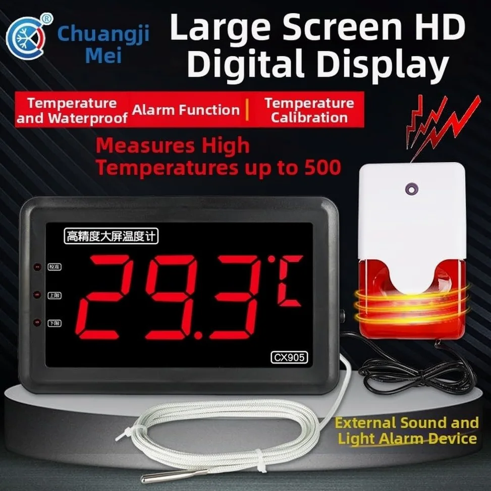 Termometro digitale con sonda grande schermo impermeabile da -50 a 500C | Display a LED, allarmi acustici/visivi, gamma da -50 a 500 C, sonda impermeabile, calibrazione regolabile, acquacoltura e gas