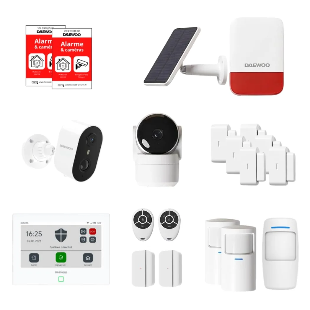 Allarme Casa connesso senza abbonamento – Daewoo Security Smart Protect Remote Max con telecamere HD, Sirena solare e 8 contattori di porta, compatibile con Alexa e Google Home