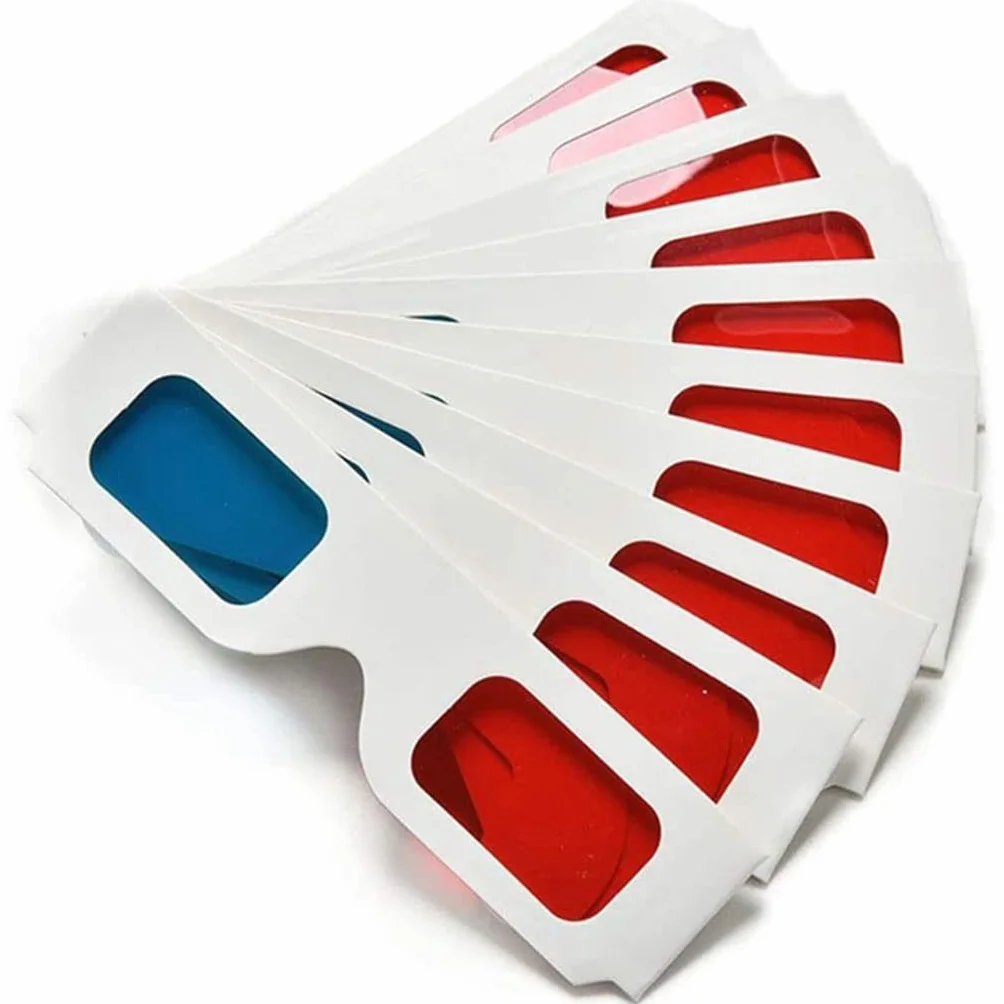 Occhiali di carta 3D, anaglifo rosso e ciano, cornice in cartone bianco, 50 paia