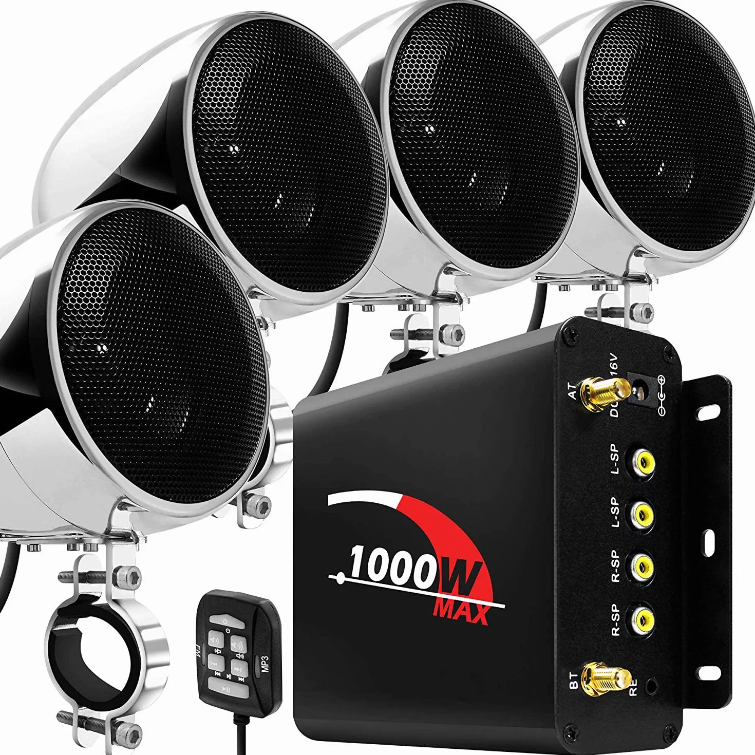 Amplificatore moto 1000 W, 4 canali, impermeabile, Bluetooth, per Harley Cruiser ATV UTV, sistema audio con AUX, USB, SD, FM Radio per manubrio