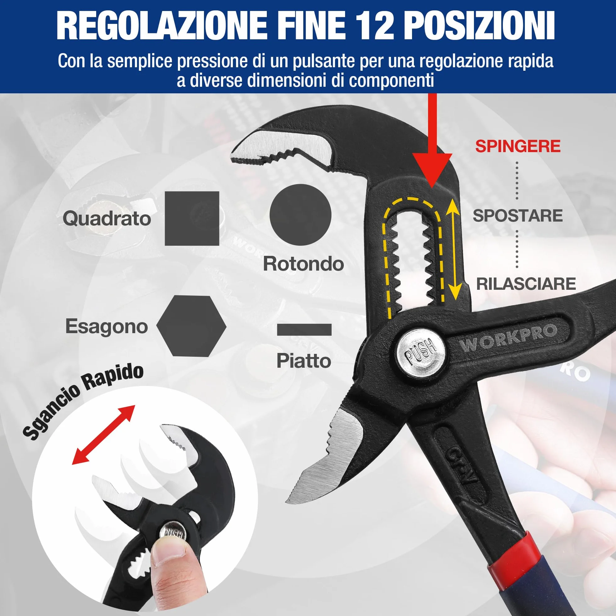 WORKPRO Pinze Regolabili per Tubi e Dadi 250mm, Pinza a Pappagallo a Regolazione Rapida