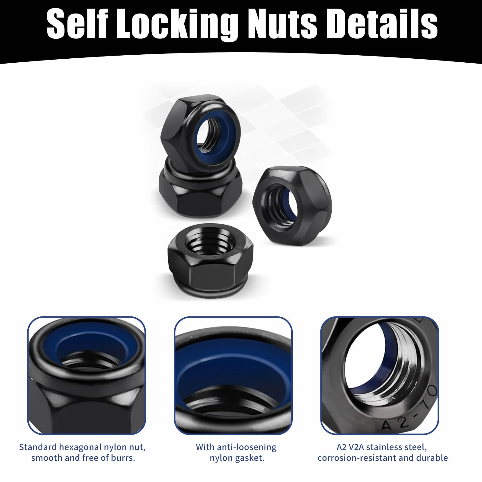 Dadi Esagonali M12 Autobloccanti in Acciaio Inox A2 V2A DIN985 Inserto in Nylon Nero