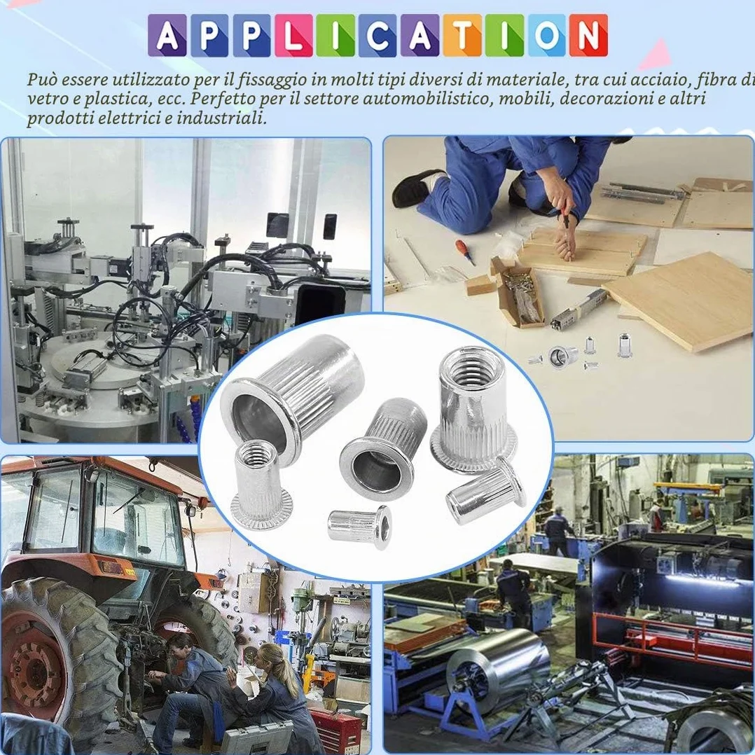 Glarks 180pcs Flat Head Rivet Nut Assortiment Kit, Inserisci in acciaio inossidabile Rivnut, Rivetti a filettatura metrici
