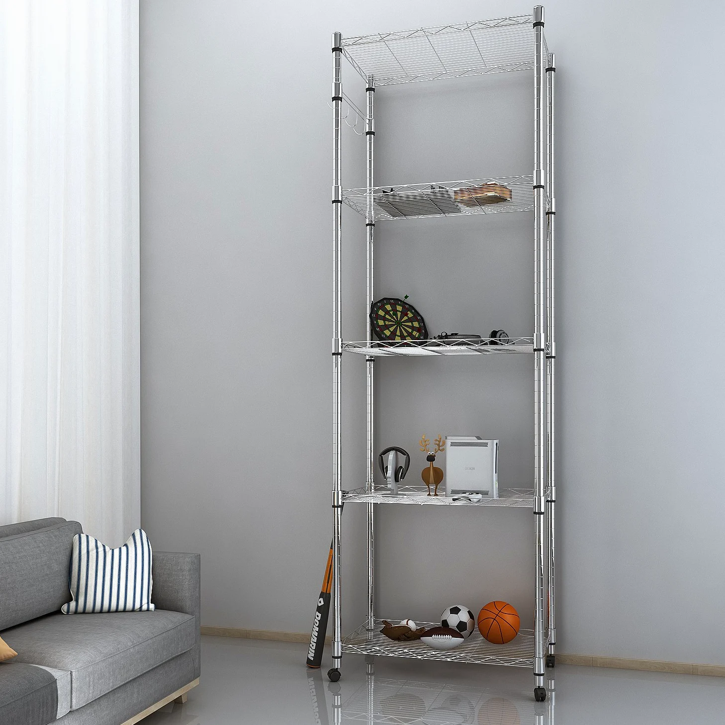 Scaffale a 5 ripiani in filo metallico cromato regolabile su ruote, resistente, 50 x 35 x 182 cm, per cucina, garage, ufficio e casa