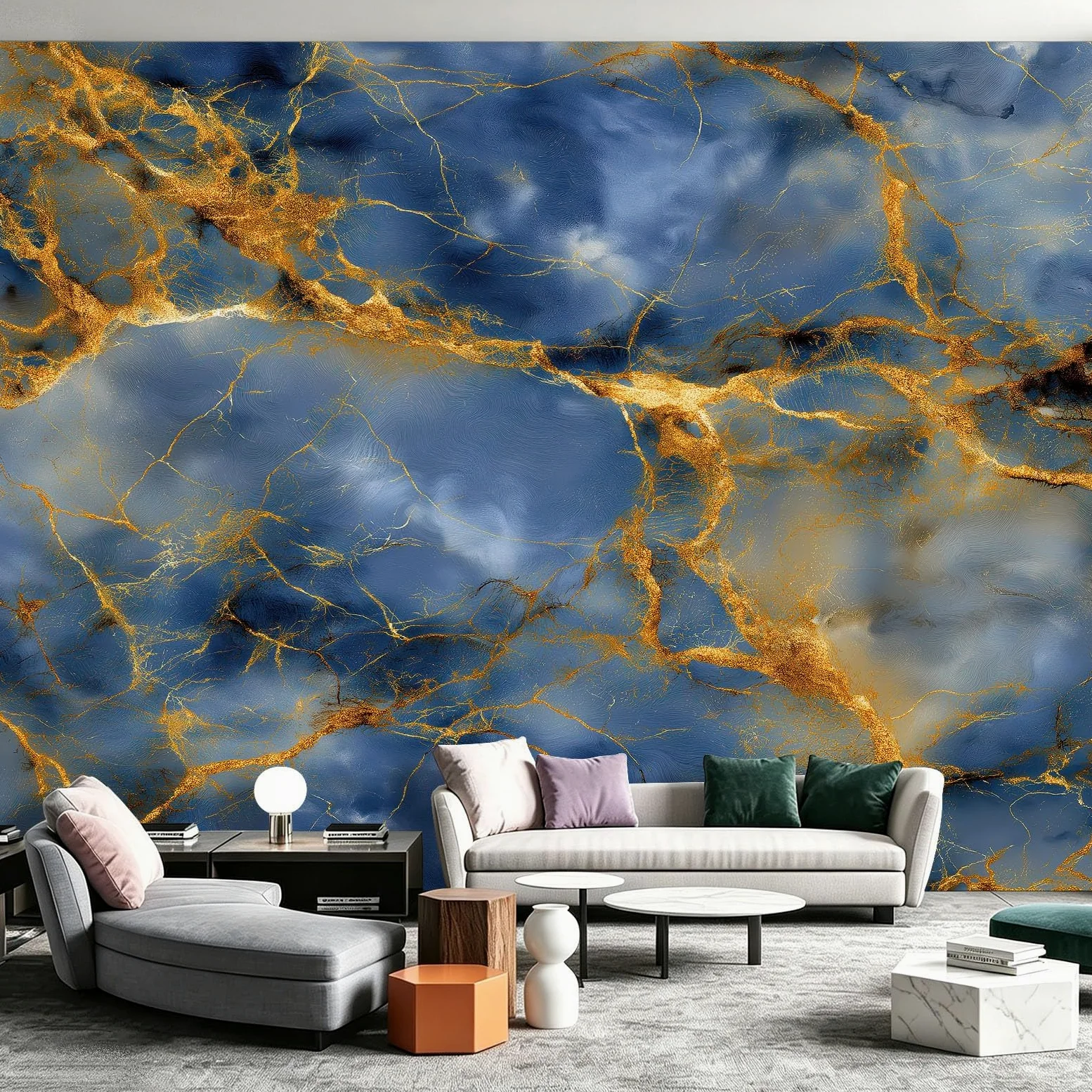 Carta da parati in tessuto non tessuto Minimalista Marmo Blu Scuro Vene d'Oro 350 x 256 cm Decorazione Murale XXL Poster Quadri Murali Arazzo Panoramico Foto, Sfondo Mobile TV Ingresso Camera d'Acqua