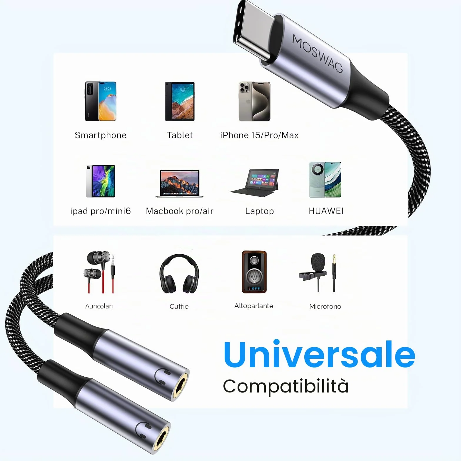 MOSWAG Adattatore USB C Jack Splitter, Adattatore Splitter Jack USB C a Doppio Ingresso da 3,5 mm compatibile con Galaxy S24 S23 S22 S21 iPhone 16 Pro Max/16 Pro/16 Plus, Pixel 7 6 Pro 5