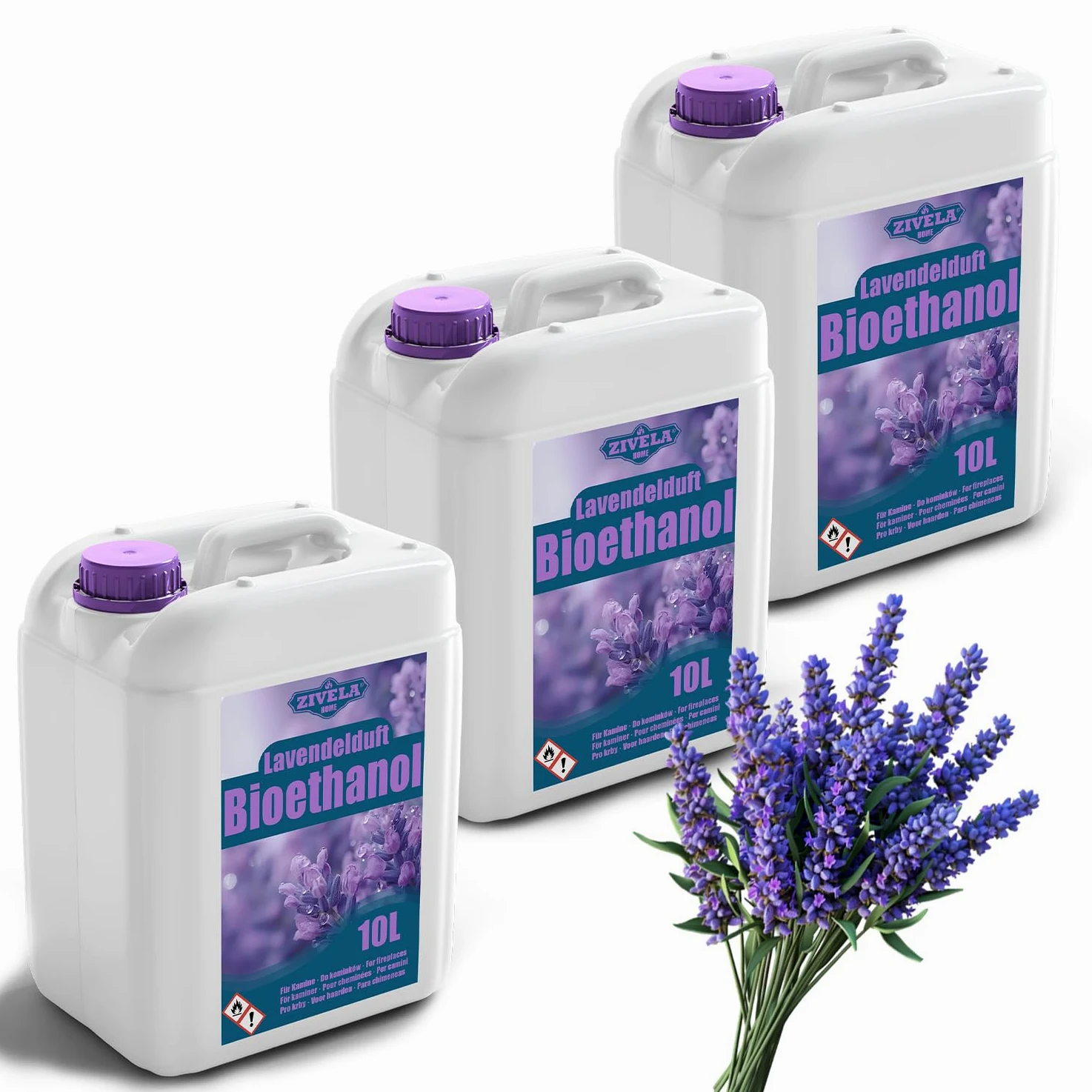 Bioetanolo 96,6% 30 l, profumo di lavanda di alcool biologico 96,6% 3 x 10 l, bioetanolo per camino, camino da tavolo, profumo di lavanda, combustione pulita, senza fumo, fiamma vivida e stabile