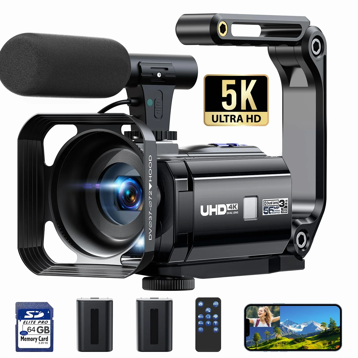 Videocamera Camcorder 5K 56MP Doppio Obiettivo 16X WiFi IR Night Vision Video Camera 3.0" Touchscreen Vlogging Camera per YouTube con 2 Batterie,Scheda 64G,Paraluce,microfono