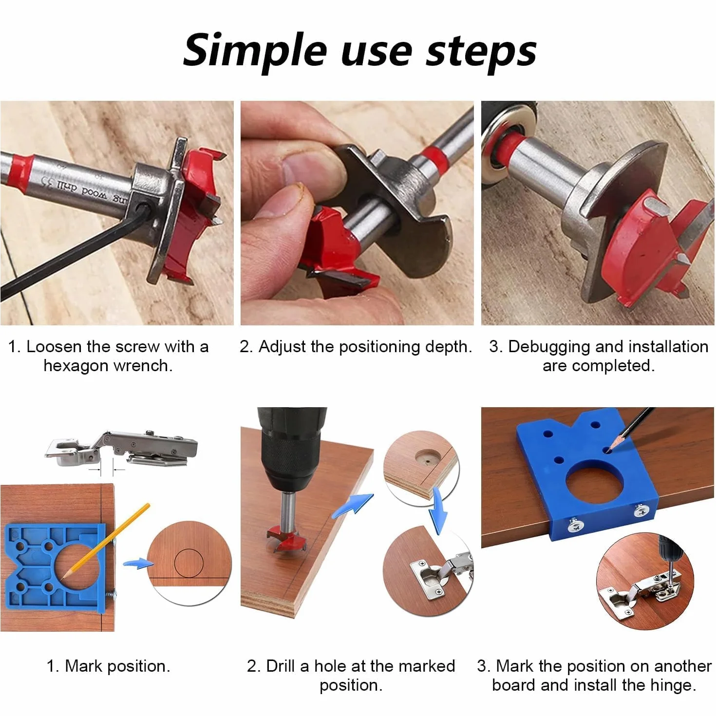 Set Punte per Cerniere Nascoste 35 mm Forstner Legno Trapano Regolabile Dima Cerniere a Scodellino
