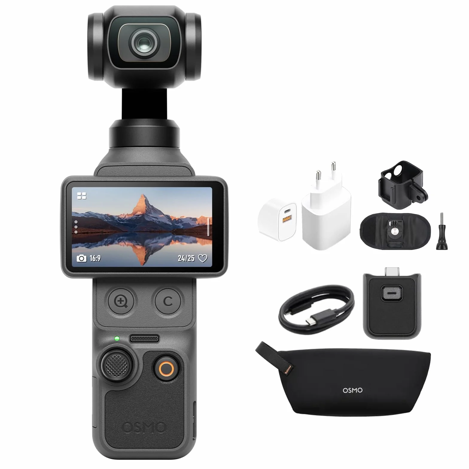 DJI Osmo Pocket 4 Combo Essential, fotocamera stabilizzata tascabile per vlog, CMOS da 1″ e 4K/240fps, 107 GB di memoria integrata (Supporto Tracolla+ Spina di ricarica)