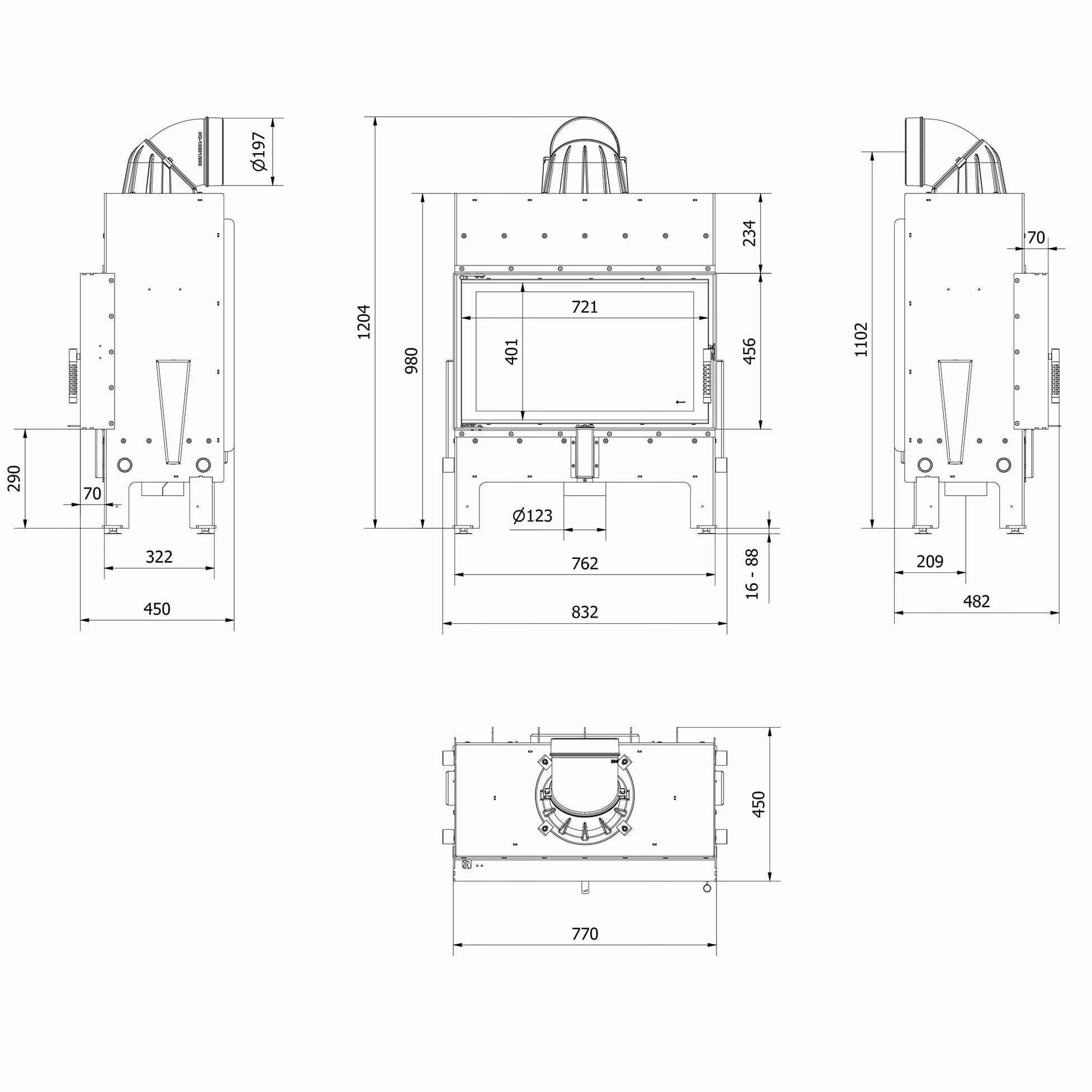 KRATKI Inserto per camino in acciaio a legna FLOKI 10 kW Ø200 frontale A+ | Acciaio nero, efficienza 83,6%, classe A+. Ecodesign, BImSchV 2; per recupero calore.; combustione efficiente; M fi