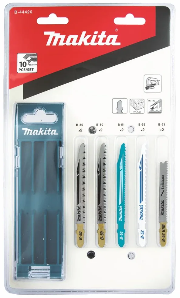 Makita B-44426 - Set di 10 lame per seghetto alternativo, con scatola portaoggetti, ideale per tagli su legno, metallo e plastica