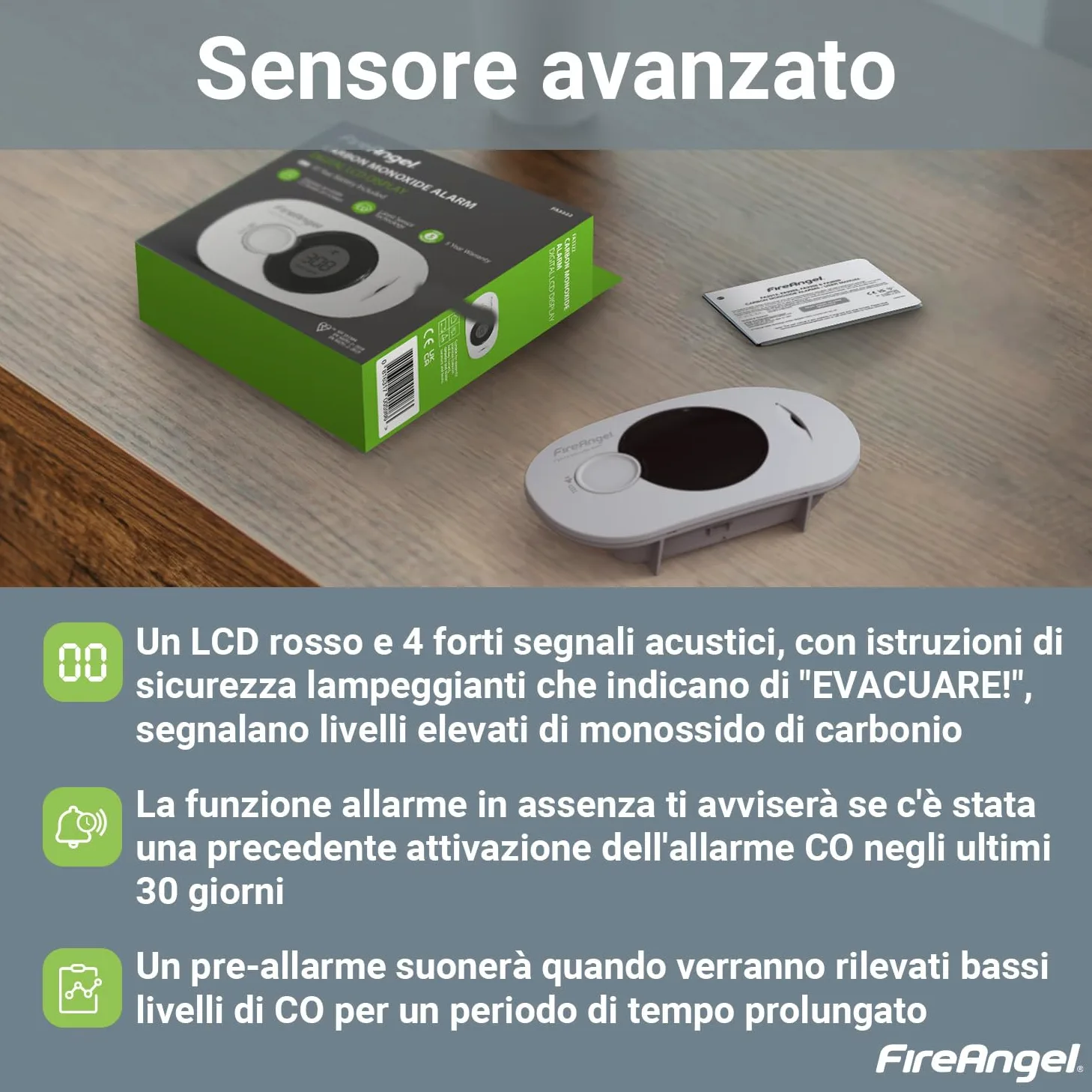 FireAngel Rilevatore Monossido di Carbonio – Rilevatore CO, Umidità, Temperatura FA3322 – Sensore Monossido di Carbonio per Casa e Viaggio